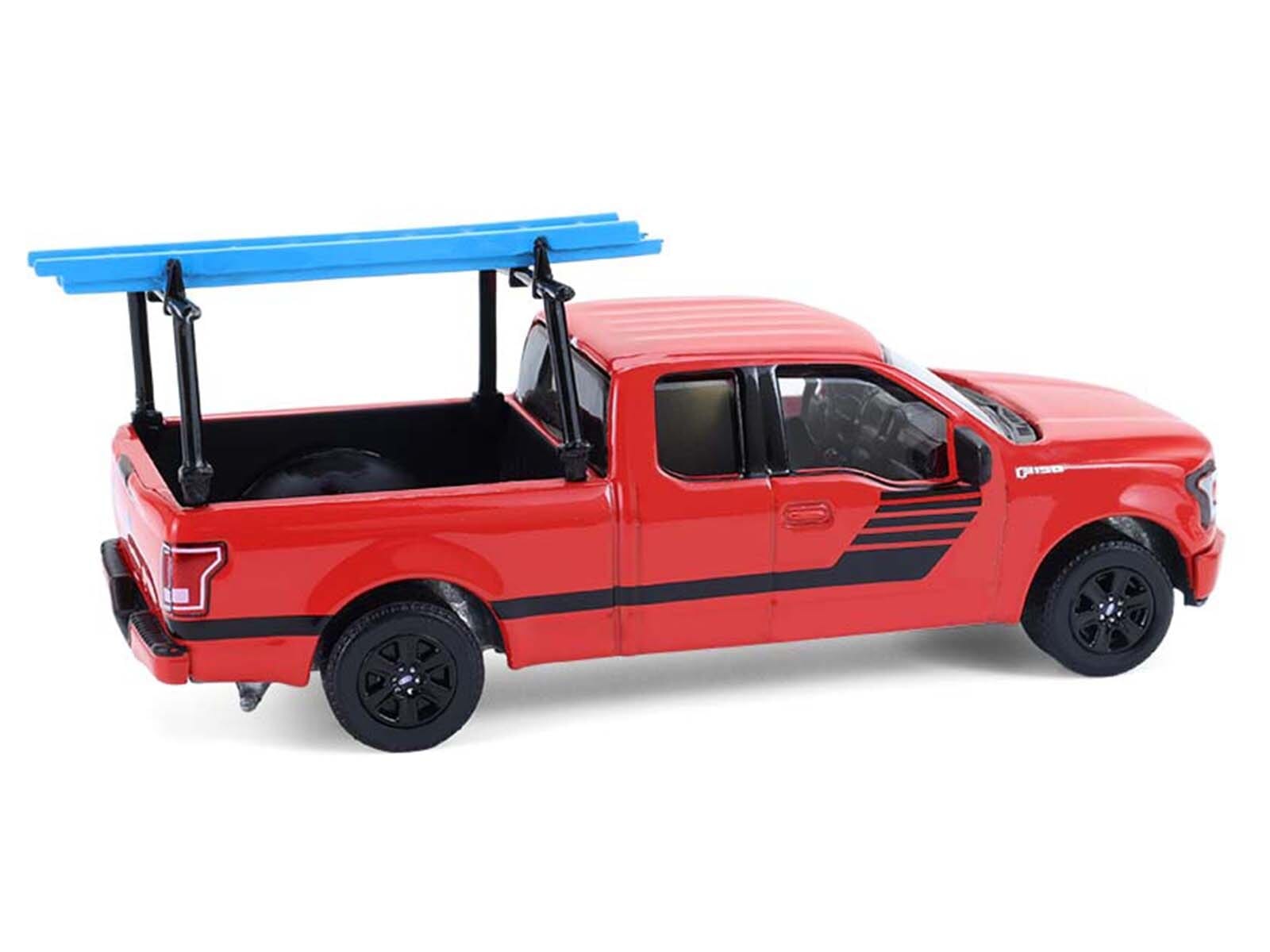 2015 Ford F-150 Pickup Truck with Ladder Rack Red with Black Stripes "Down on the Farm" Series 11 1/64 Diecast Model by Greenlight - Image 3