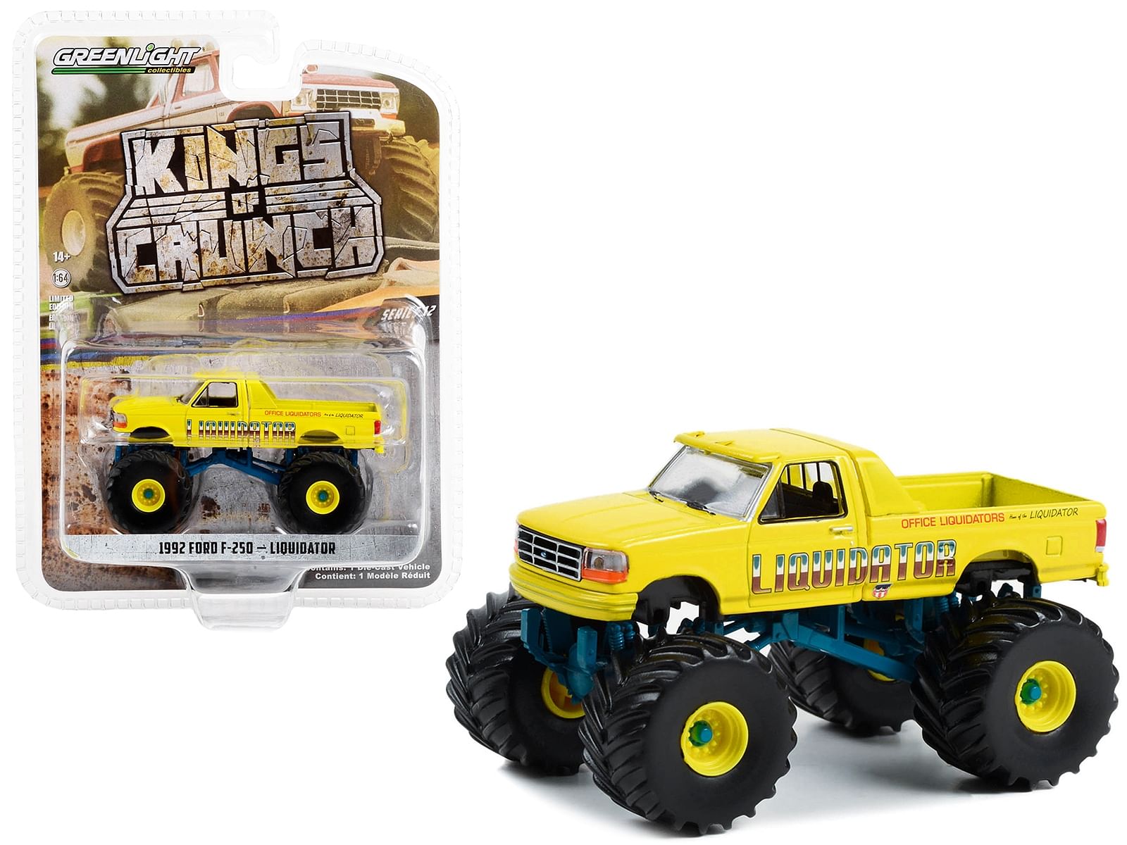 1992 Ford F-250 Monster Truck Yellow “Liquidator” “Kings of Crunch” Series 12 1/64 Diecast Model Car by Greenlight