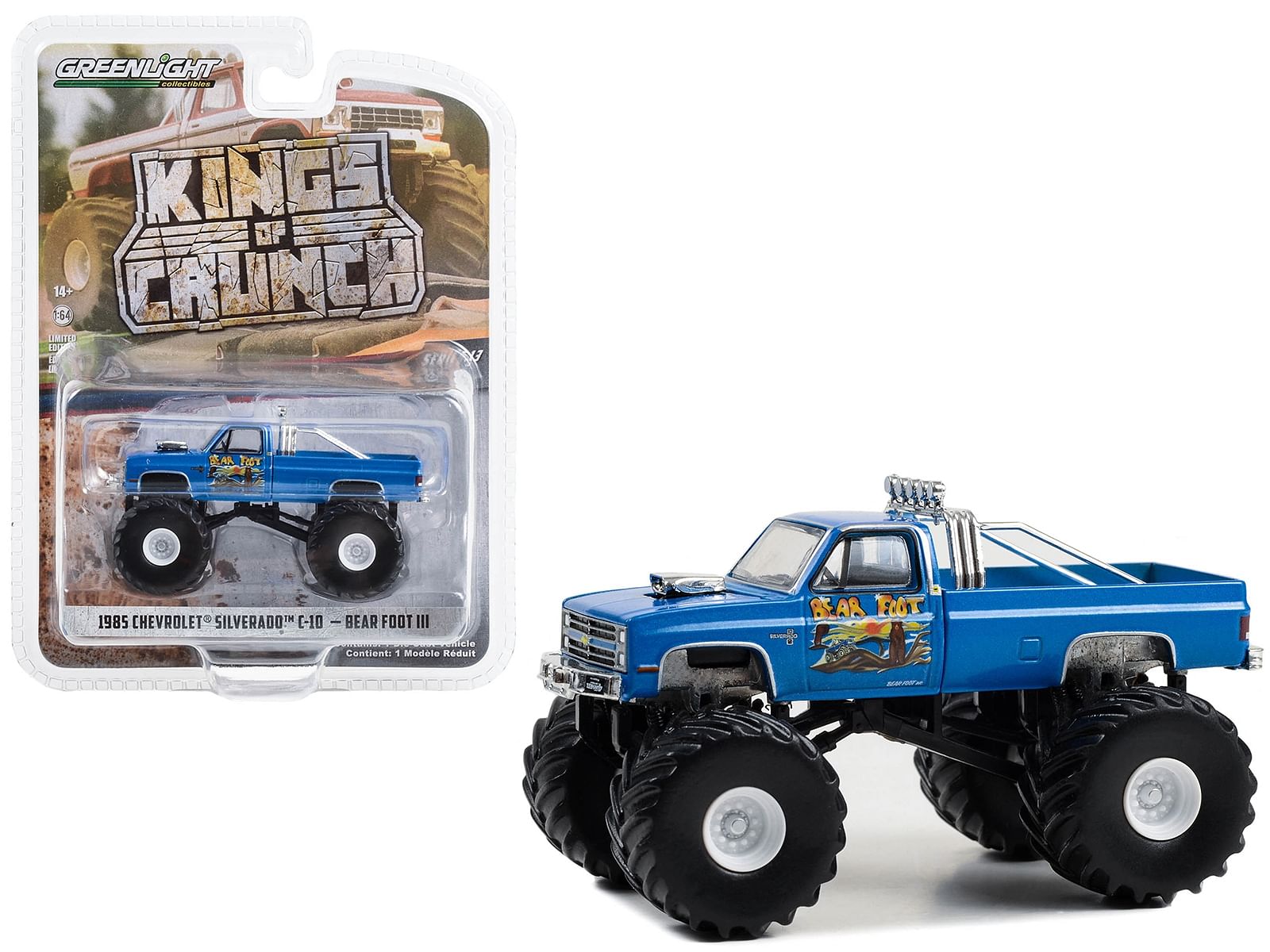 1985 Chevrolet Silverado C-10 Monster Truck Blue “Bear Foot III” “Kings of Crunch” Series 13 1/64 Diecast Model Car by Greenlight