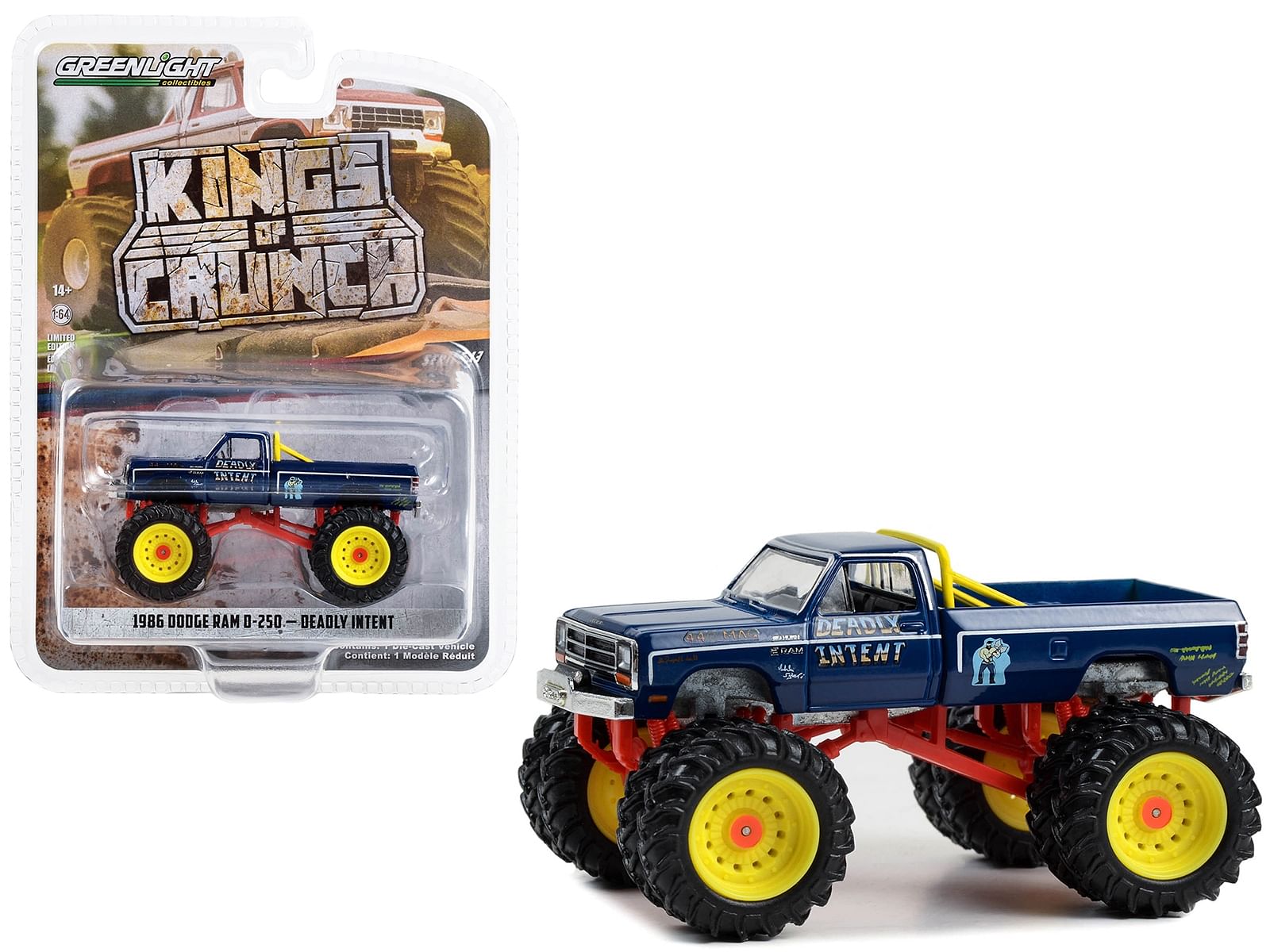 1986 Dodge Ram D-250 Monster Truck Dark Blue “Deadly Intent” “Kings of Crunch” Series 13 1/64 Diecast Model Car by Greenlight