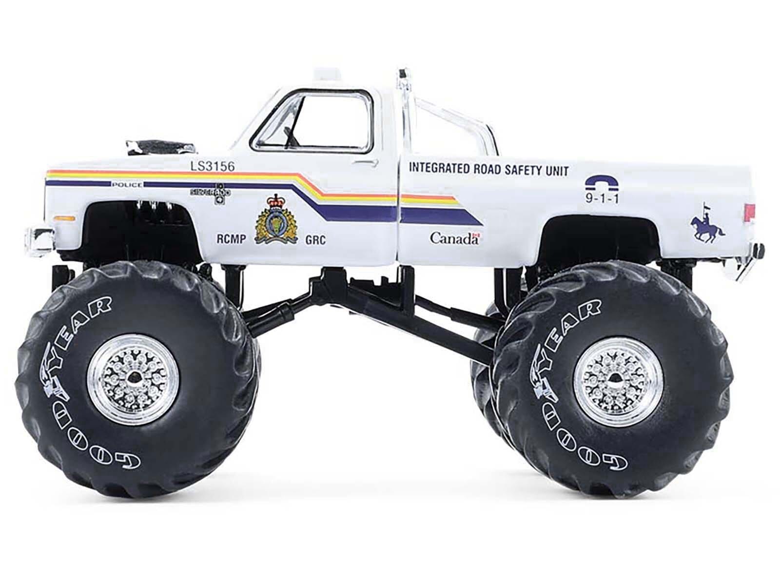 1986 Chevrolet Silverado Monster Truck "Royal Canadian Mounted Police" White with Stripes "Kings of Crunch - Hot Pursuit" Special Edition 1/64 Diecast Model Car by Greenlight - Image 2