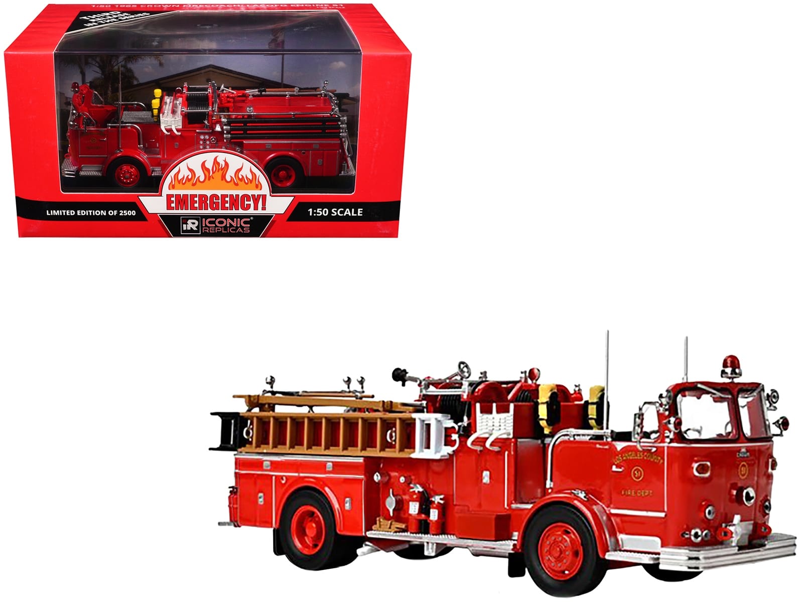 1965 Crown Firecoach Fire Engine "Los Angeles County Fire Department" LA County FD (LACFD) "Emergency!" Series Limited Edition to 2500 pieces Worldwide 1/50 Diecast Model by Iconic Replicas - Image 3