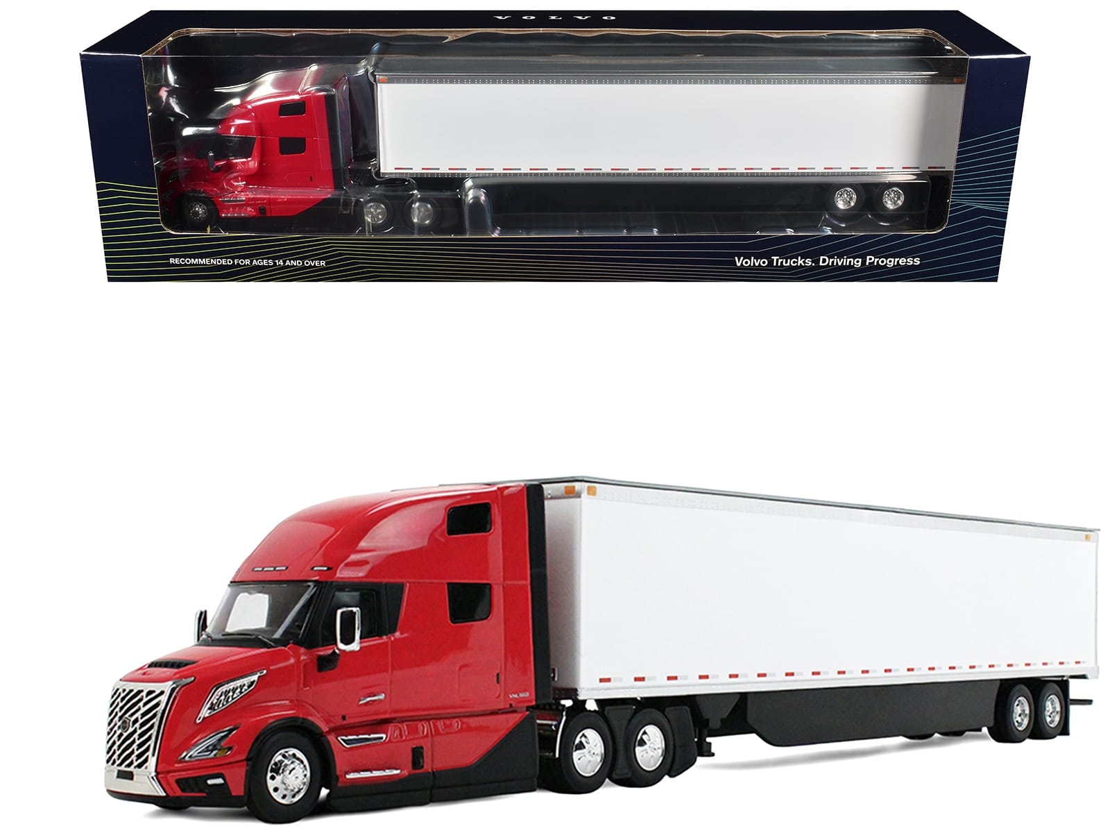 Volvo VNL 860 High-Roof Sleeper and 53' Trailer with Skirts Red with White Trailer 1/50 Diecast Model by First Gear