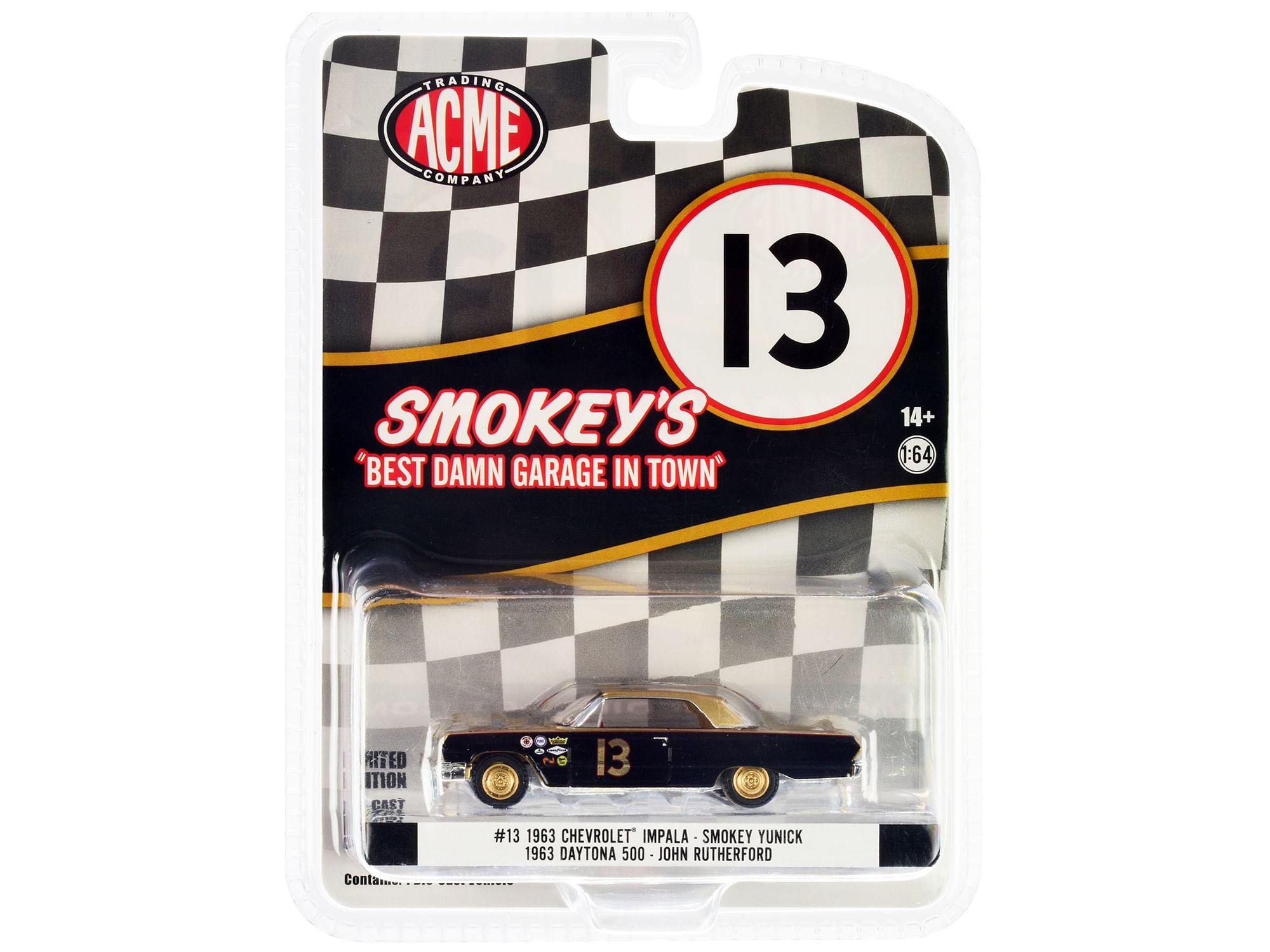 1963 Chevrolet Impala #13 Johnny Rutherford “Smokey Yunick’s Garage” “Daytona 500” (1963) 1/64 Diecast Model Car by Greenlight for ACME