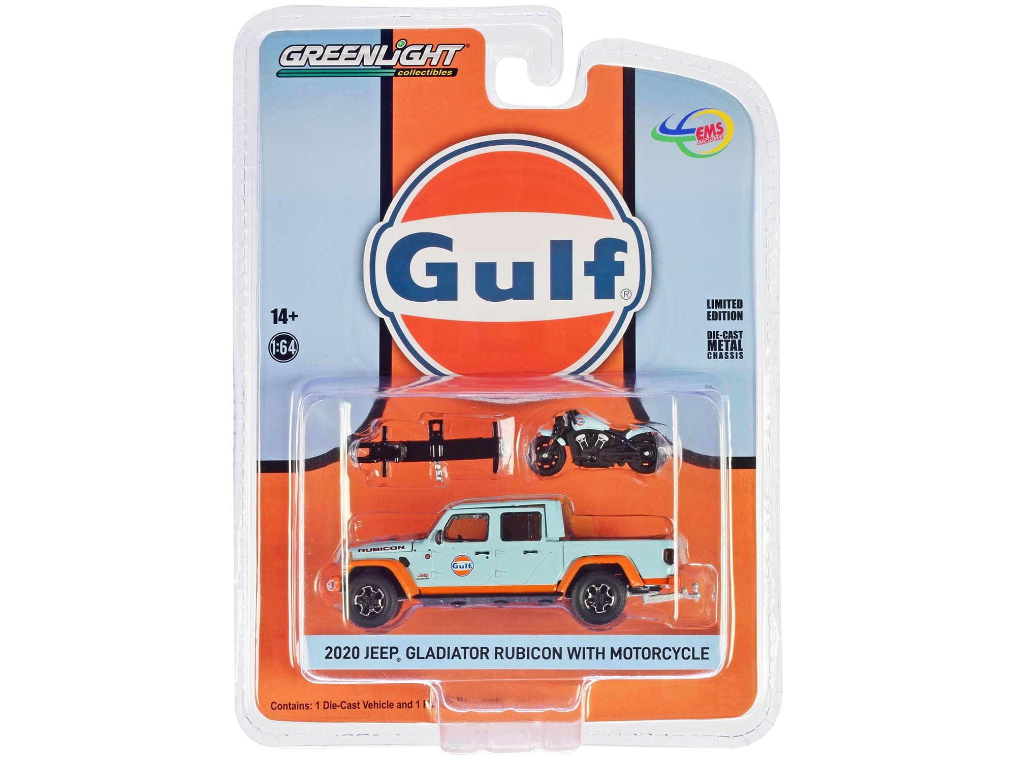 2020 Jeep Gladiator Rubicon Pickup Truck Light Blue with Orange Stripes “Gulf Oil” with Motorcycle and Hitch Rack 1/64 Diecast Model Car by Greenlight