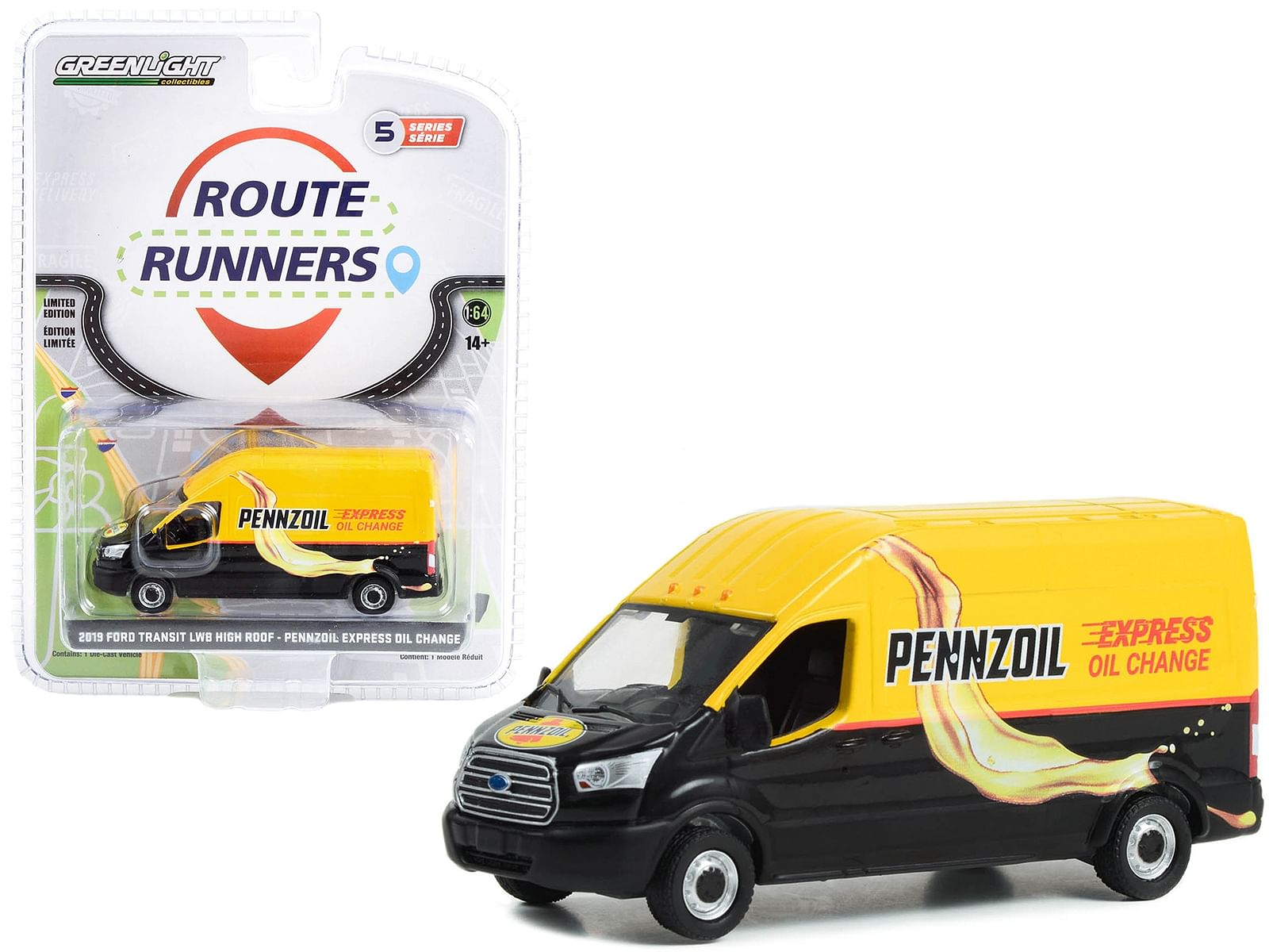 2019 Ford Transit LWB High Roof Van “Pennzoil Express Oil Change” Yellow and Black “Route Runners” Series 5 1/64 Diecast Model Car by Greenlight