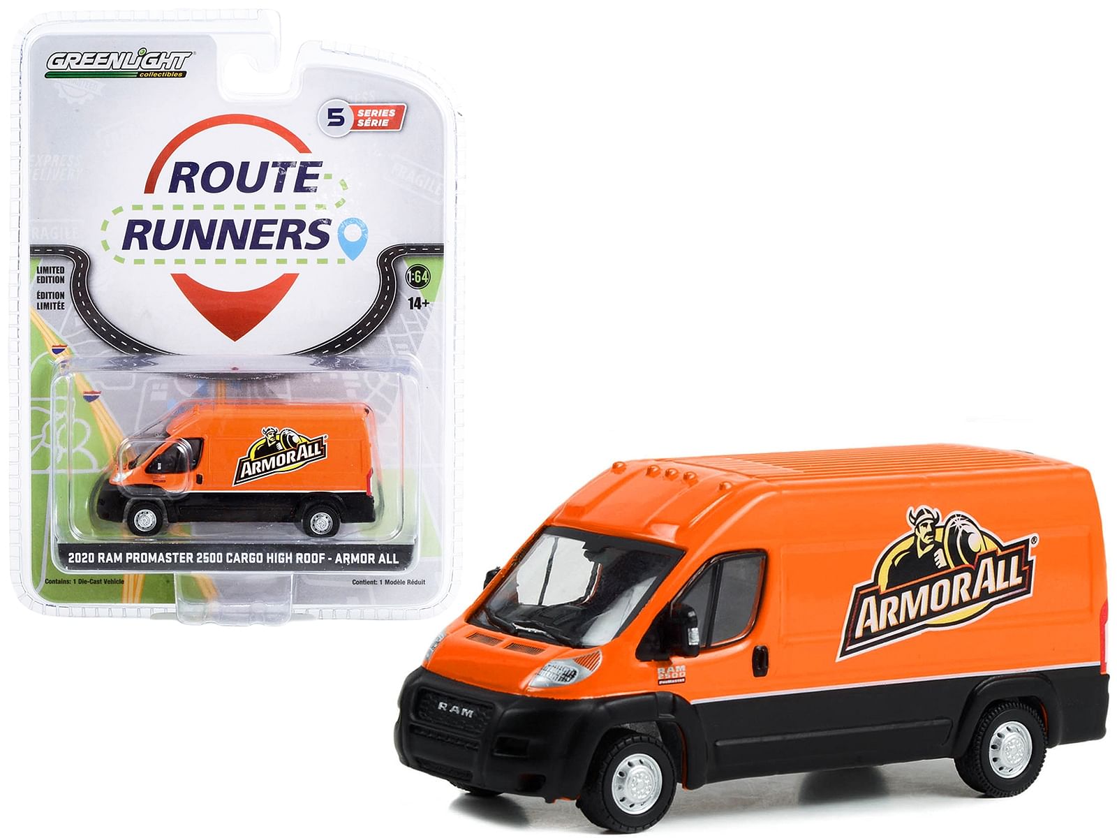 2020 Ram ProMaster 2500 Cargo High Roof Van “Armor All” Orange and Black “Route Runners” Series 5 1/64 Diecast Model Car by Greenlight