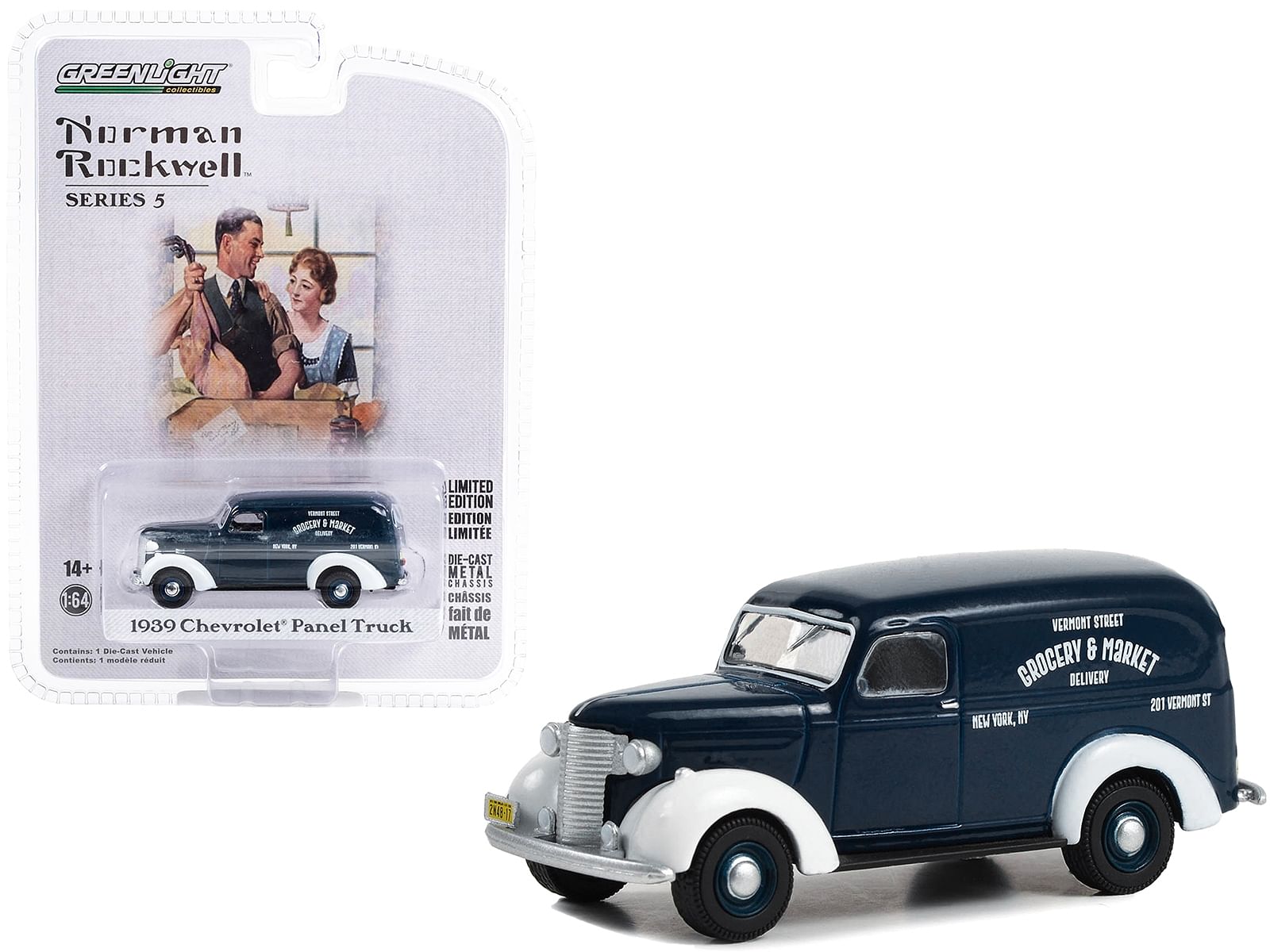 1939 Chevrolet Panel Truck Dark Blue with White Fenders “Grocery & Market Delivery” “Norman Rockwell” Series 5 1/64 Diecast Model Car by Greenlight