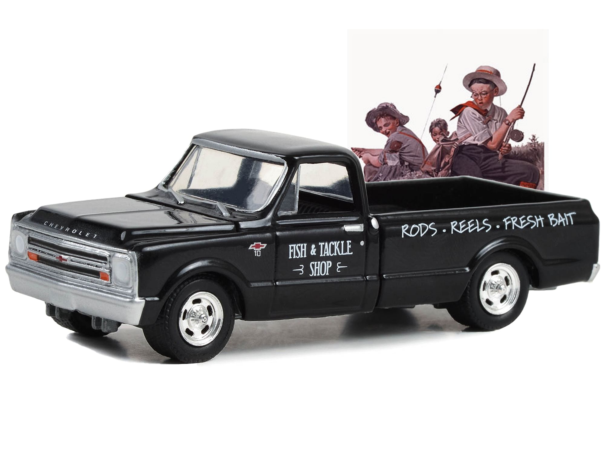 1968 Chevrolet C-10 Pickup Truck Black “Fish & Tackle Shop” “Norman Rockwell” Series 5 1/64 Diecast Model Car by Greenlight