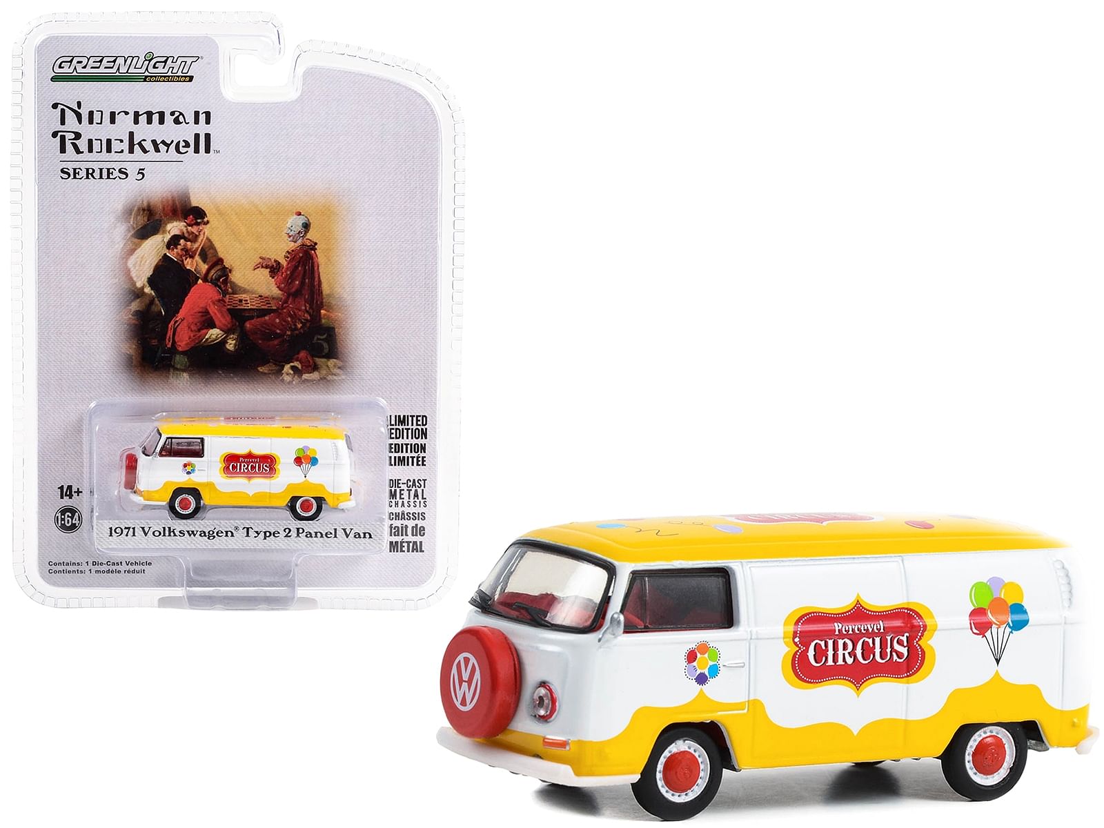 1971 Volkswagen Type 2 Panel Van Yellow and White with Red Interior “Percevel Circus” “Norman Rockwell” Series 5 1/64 Diecast Model Car by Greenlight