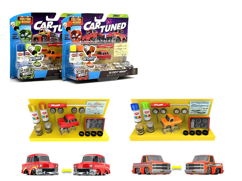 1987 Chevrolet C10 Pickup Truck Orange and 1956 Chevrolet Nomad Red "Custom Shop" 2 Car Set Diecast Model Cars by CarTuned - Image 2