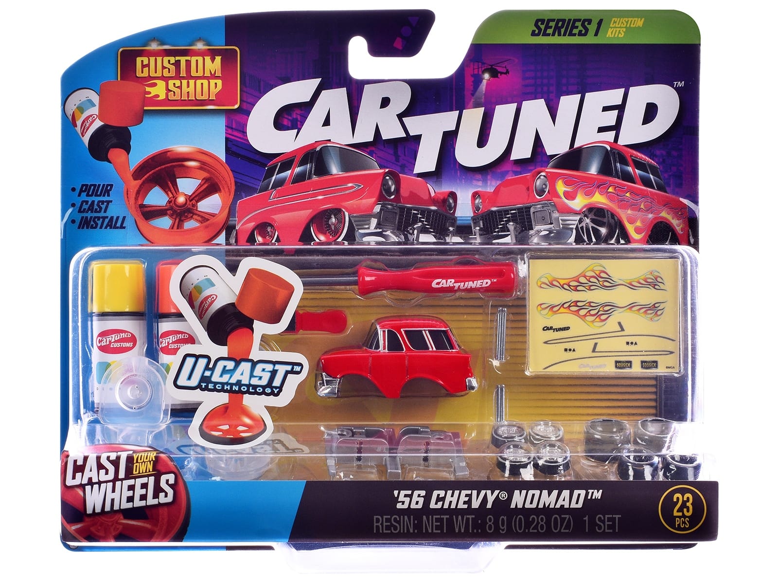 1987 Chevrolet C10 Pickup Truck Orange and 1956 Chevrolet Nomad Red "Custom Shop" 2 Car Set Diecast Model Cars by CarTuned - Image 4