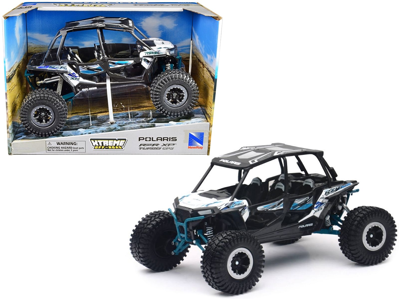 Polaris RZR XP 4 Turbo EPS Sport UTV White with Graphics and Black Top “Xtreme Off-Road” Series 1/18 Diecast Model by New Ray