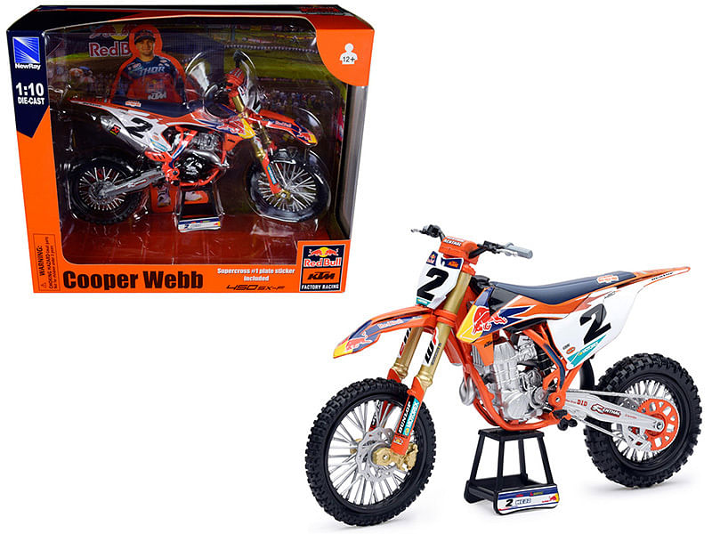 KTM 450 SX-F #2 Cooper Webb with Supercross #1 Plate Stickers “Red Bull KTM Factory Racing” 1/10 Diecast Motorcycle Model by New Ray