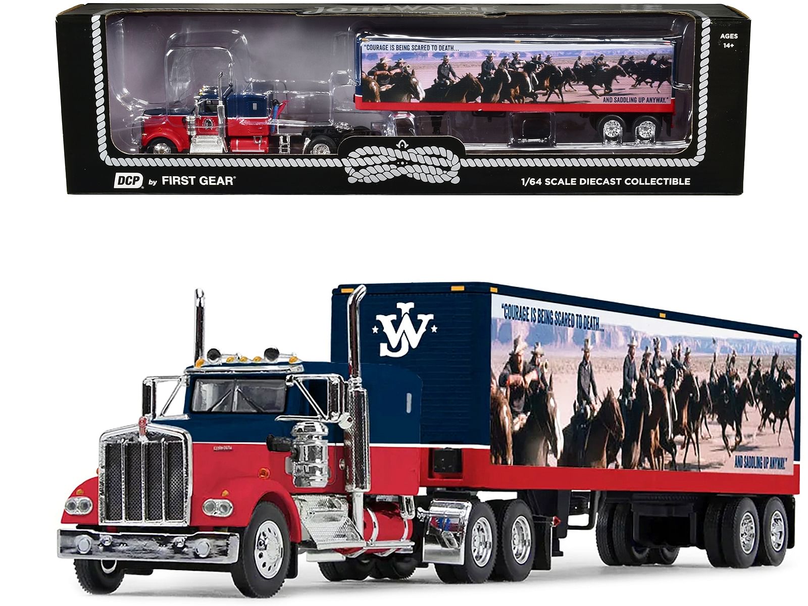 Kenworth W900A with 60″ Sleeper and 40′ Vintage Trailer “John Wayne: Courage” Dark Blue and Red 1/64 Diecast Model by DCP/First Gear