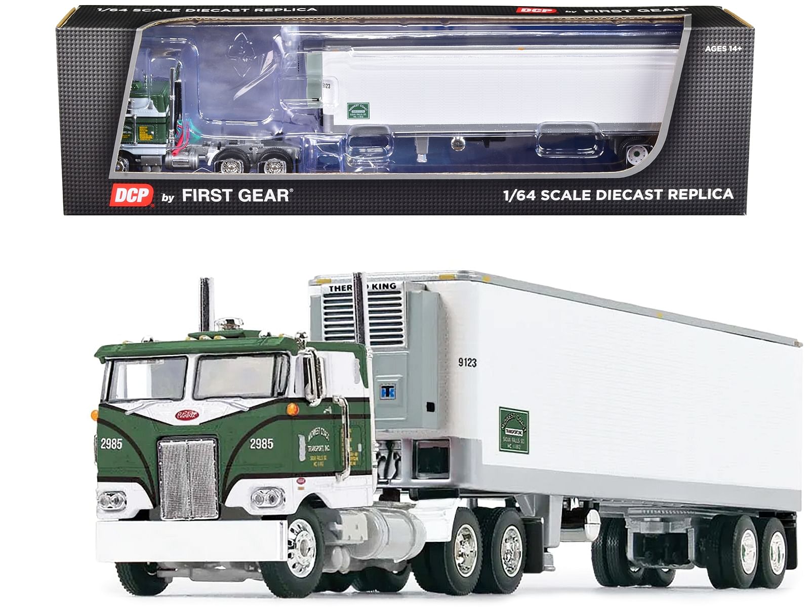 Peterbilt 352 COE 86″ Sleeper and 40′ Vintage Refrigerated Trailer Green with Graphics “Midwest Coast Transport” “Fallen Flag” Series 1/64 Diecast Model by DCP/First Gear