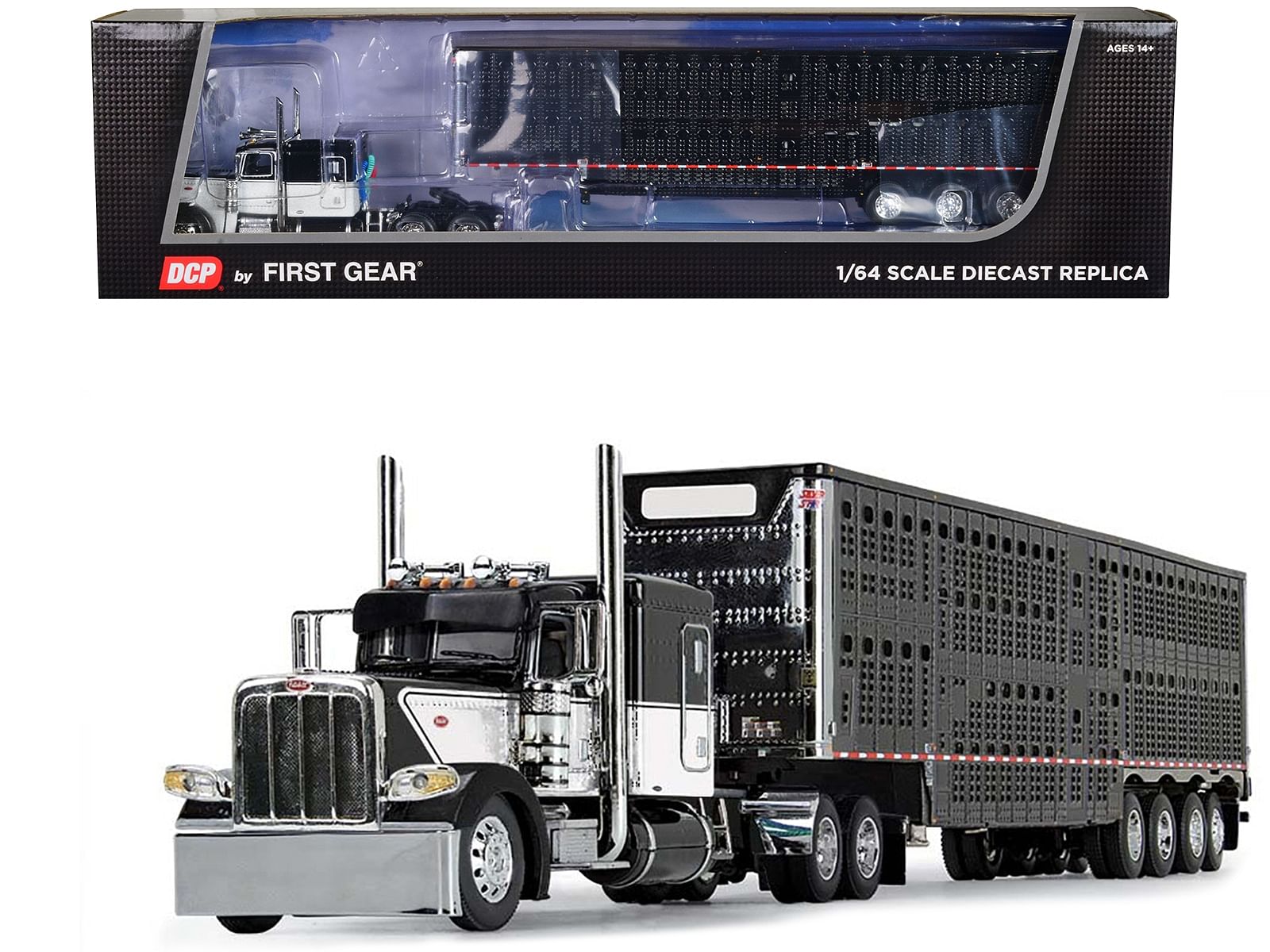 Peterbilt 389 with 63″ Flat Top Sleeper and Wilson Silverstar Livestock Trailer Black and White 1/64 Diecast Model by DCP/First Gear