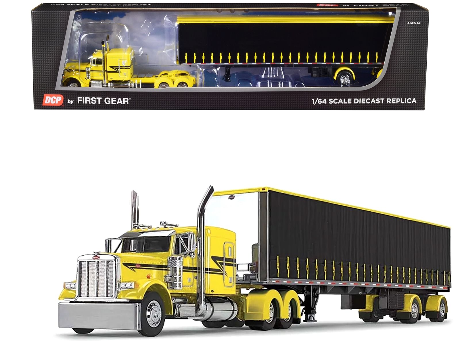 Peterbilt 379 with 63″ Flat Top Sleeper and 53′ Utility Tautliner Spread-Axle Trailer Yellow and Black 1/64 Diecast Model by DCP/First Gear