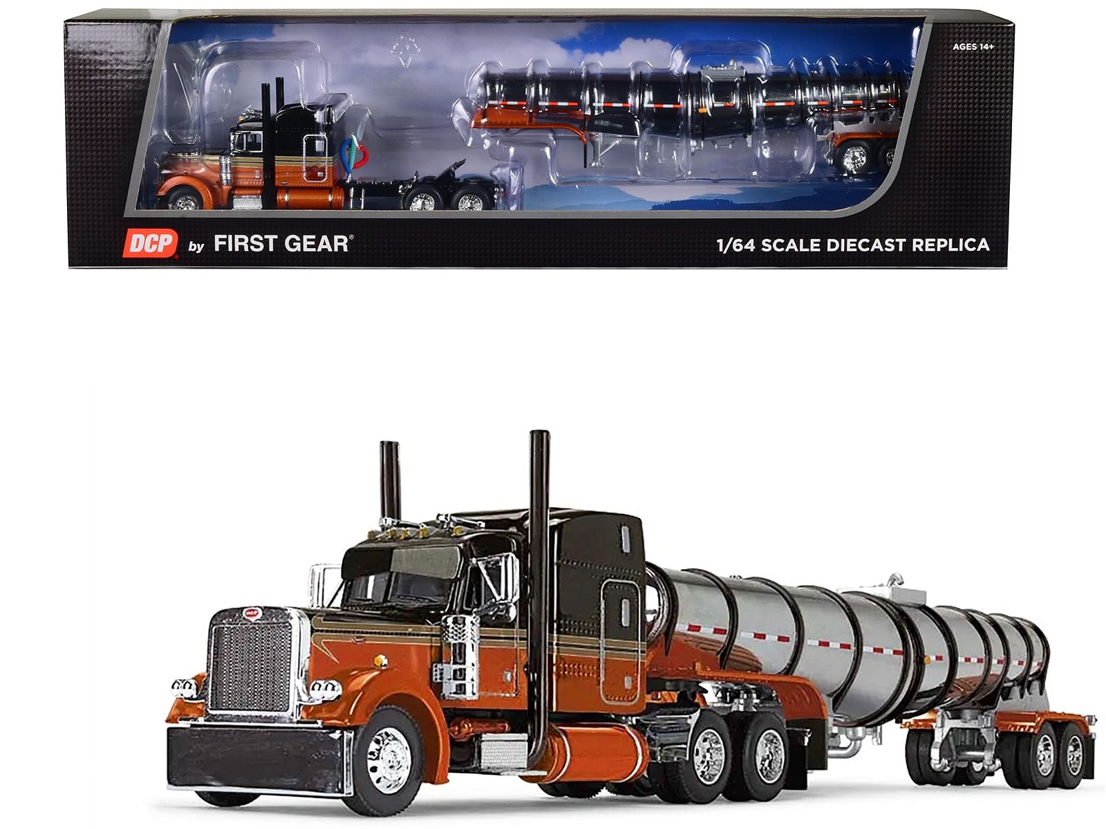 Peterbilt 379 with 63″ Mid-Roof Sleeper and Polar Deep Drop Tank Trailer Burnt Orange and Black 1/64 Diecast Model by DCP/First Gear