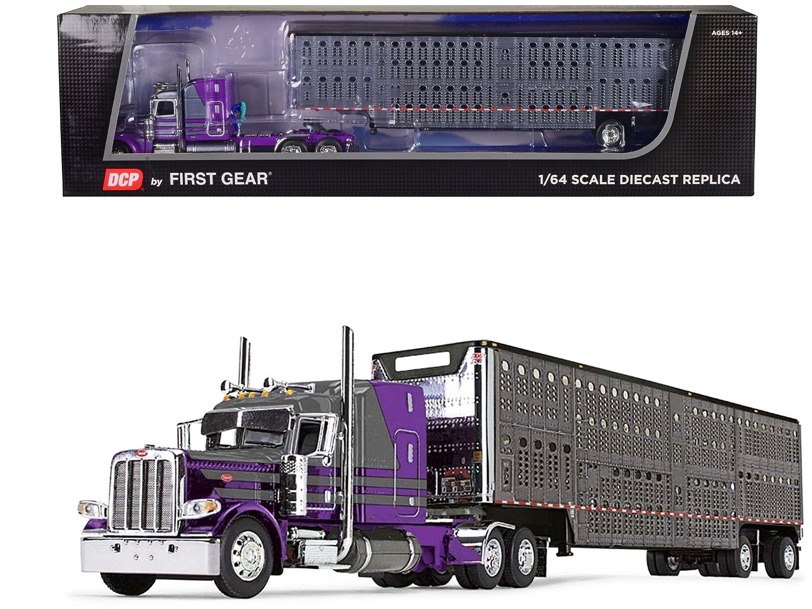 Peterbilt 389 with 63″ Mid-Roof Sleeper and Wilson Silverstar Livestock Trailer Purple and Gunmetal Gray 1/64 Diecast Model by DCP/First Gear