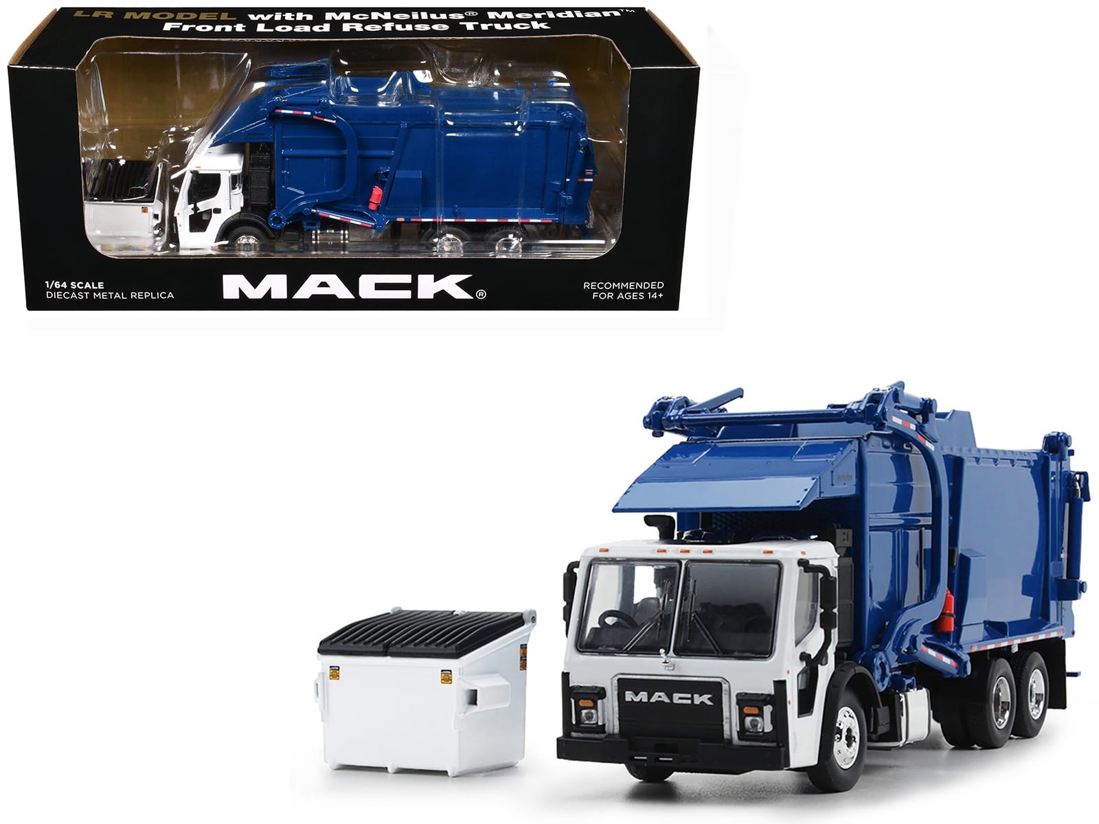 Mack LR Refuse Garbage Truck with McNeilus Meridian Front Loader White and Blue with Trash Bin 1/64 Diecast Model by DCP/First Gear - Image 2