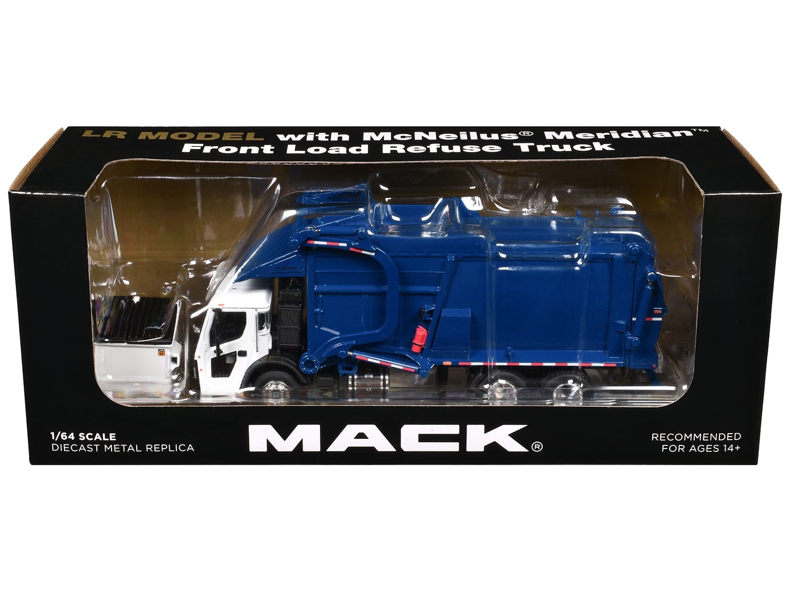 Mack LR Refuse Garbage Truck with McNeilus Meridian Front Loader White and Blue with Trash Bin 1/64 Diecast Model by DCP/First Gear - Image 3