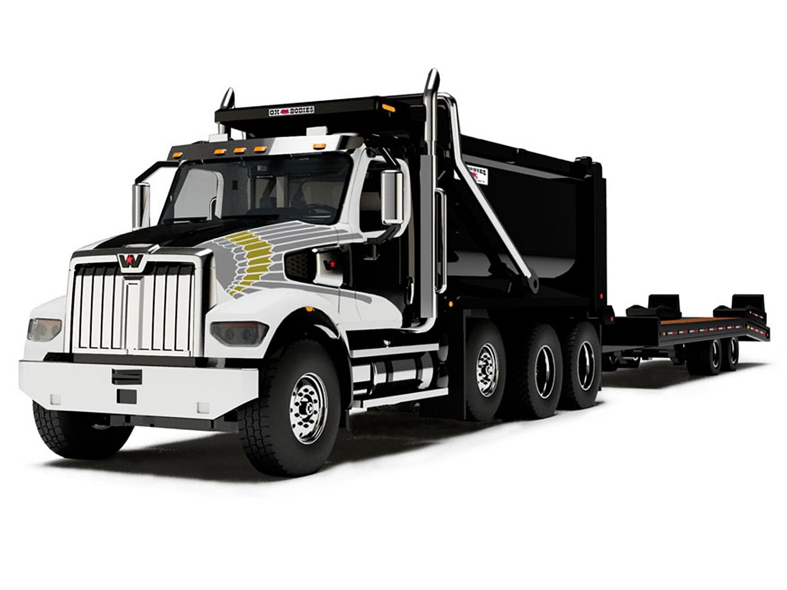 Western Star 49X Truck with Ox Bodies Dump & Beaver Tail Trailer Black with White Graphics 1/64 Diecast Model by DCP/First Gear