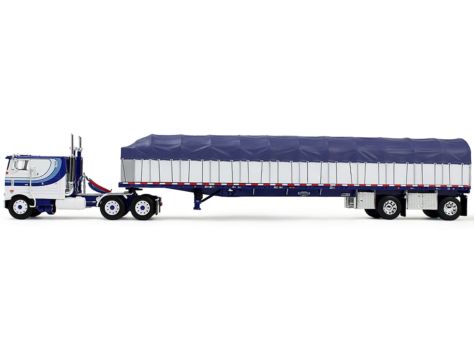 Peterbilt 352 COE 110" Sleeper and 53' Wilson Roadbrute Flatbed Trailer with Covered Wagon White with Blue Stripes 1/64 Diecast Model by DCP/First Gear - Image 3