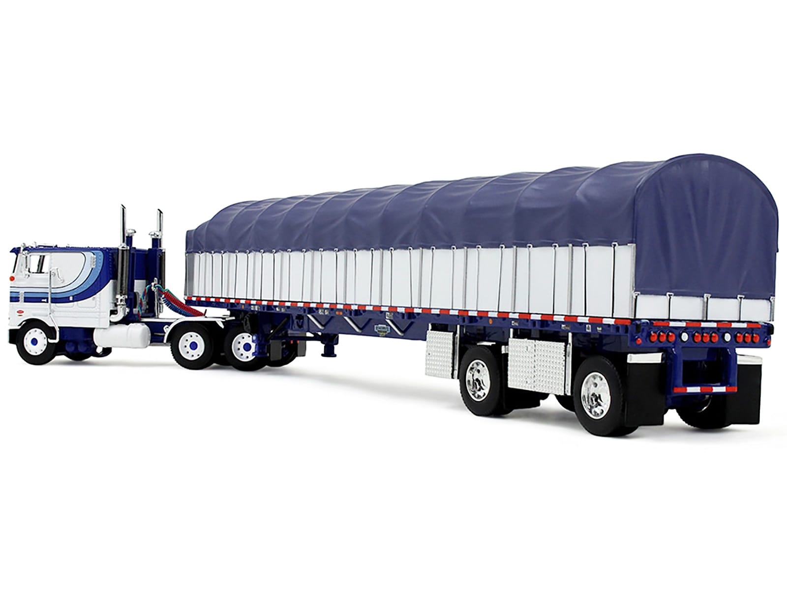 Peterbilt 352 COE 110" Sleeper and 53' Wilson Roadbrute Flatbed Trailer with Covered Wagon White with Blue Stripes 1/64 Diecast Model by DCP/First Gear - Image 4