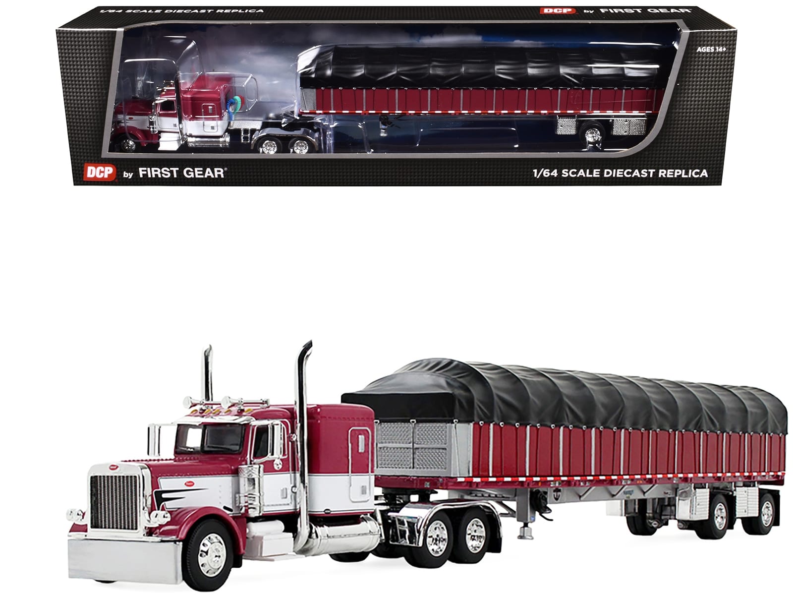 Peterbilt 389 with 63" Flat Top Sleeper and 53' Wilson Roadbrute Flatbed Trailer with Covered Wagon Maroon with White Stripes 1/64 Diecast Model by DCP/First Gear