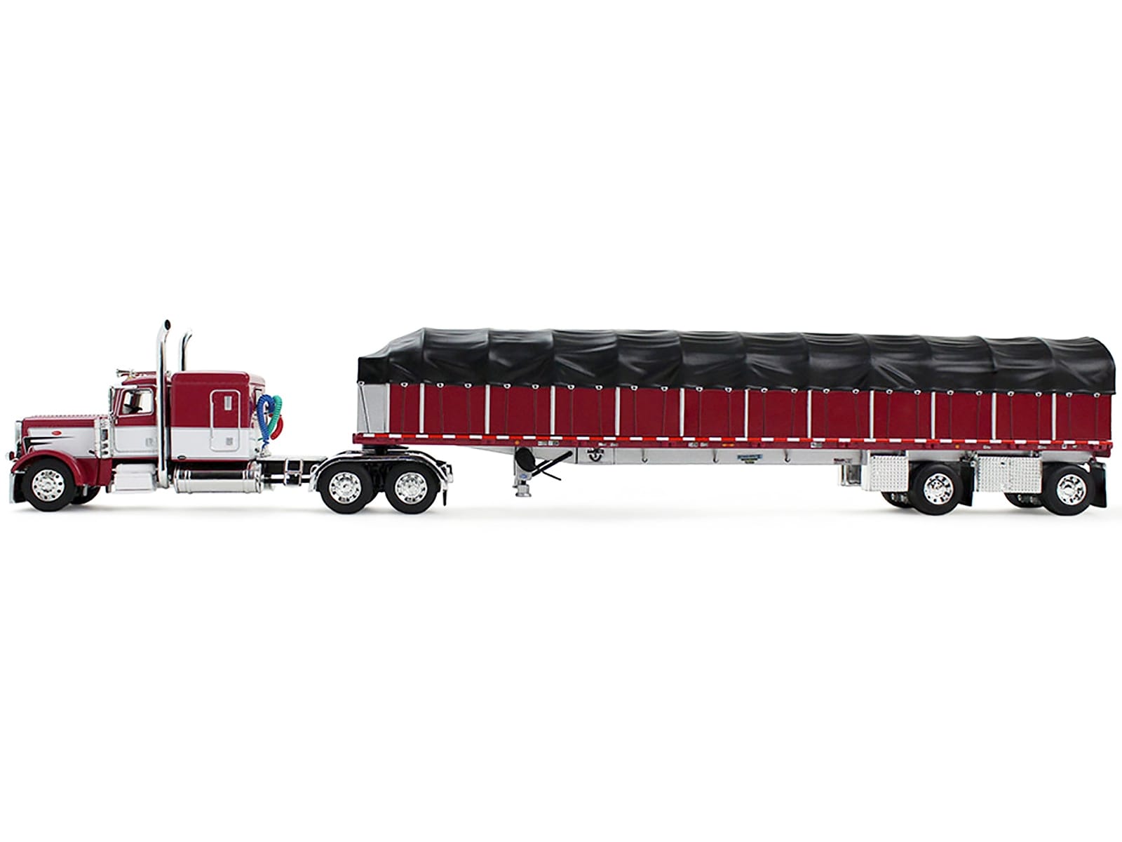 Peterbilt 389 with 63" Flat Top Sleeper and 53' Wilson Roadbrute Flatbed Trailer with Covered Wagon Maroon with White Stripes 1/64 Diecast Model by DCP/First Gear - Image 2