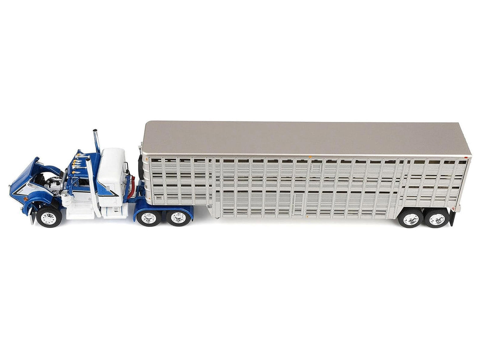 Kenworth W900A with 36" Sleeper and 45' Wilson Vintage Livestock Trailer Mariner Blue and White with Silver Trailer 1/64 Diecast Model by DCP/First Gear - Image 2