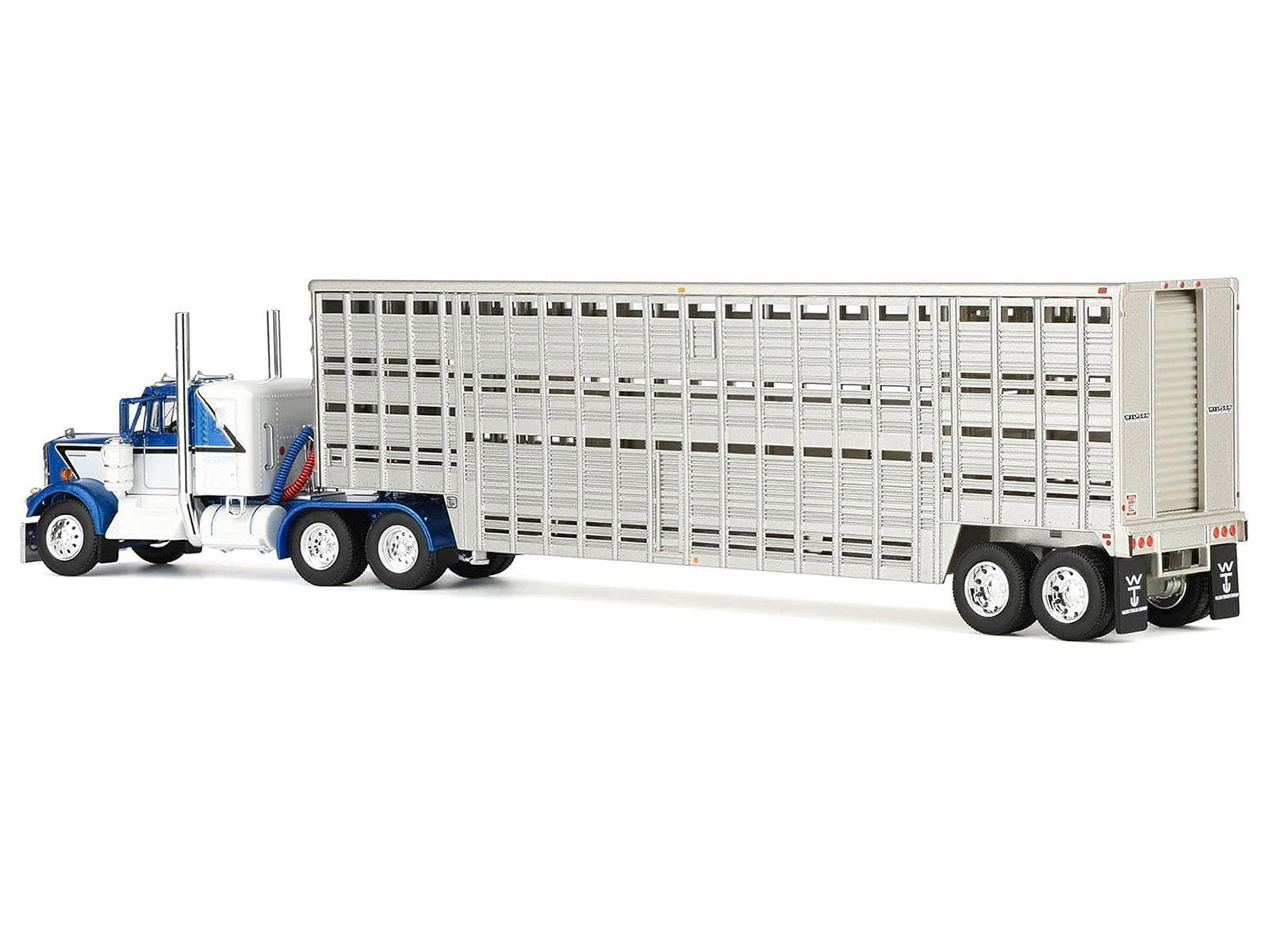 Kenworth W900A with 36" Sleeper and 45' Wilson Vintage Livestock Trailer Mariner Blue and White with Silver Trailer 1/64 Diecast Model by DCP/First Gear - Image 3