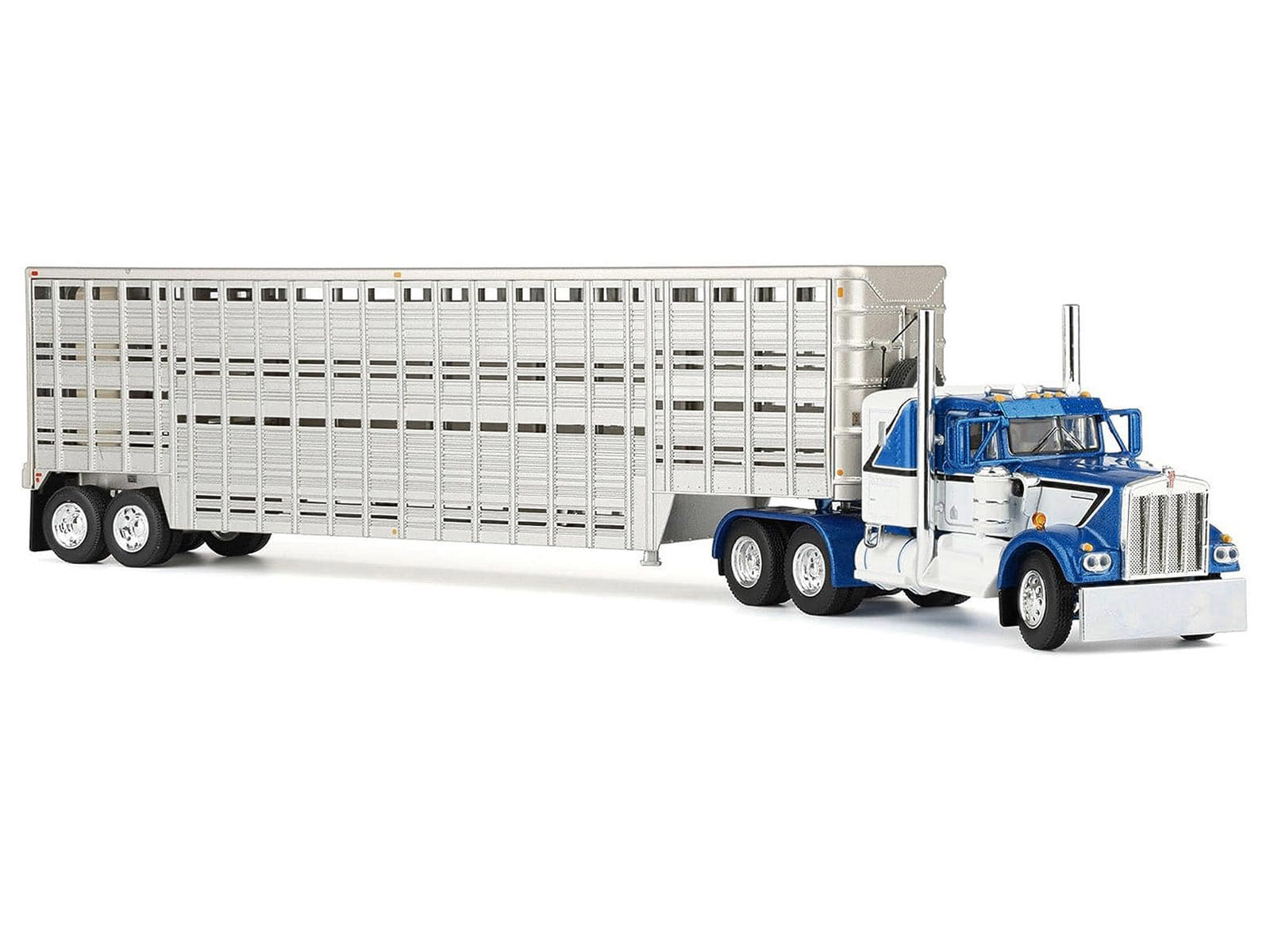 Kenworth W900A with 36" Sleeper and 45' Wilson Vintage Livestock Trailer Mariner Blue and White with Silver Trailer 1/64 Diecast Model by DCP/First Gear - Image 4