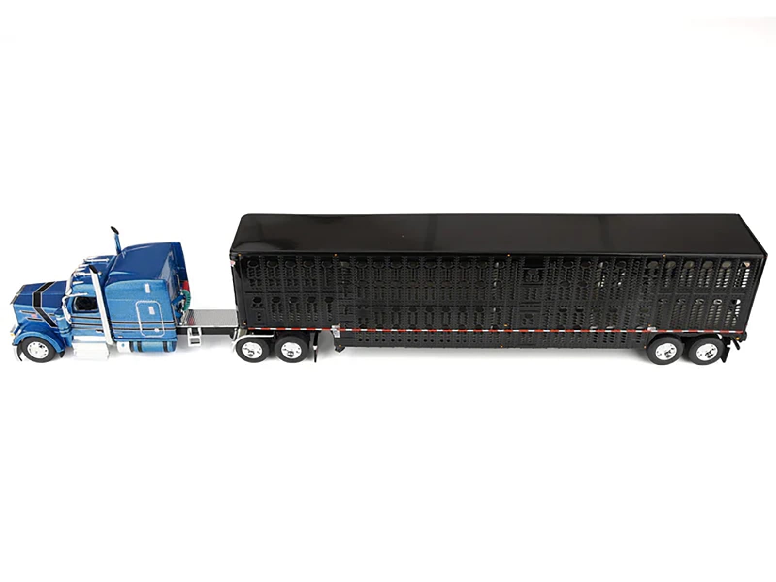 Peterbilt 589 with 72" Mid-Roof Sleeper and Wilson Silverstar Livestock Trailer Bright Blue with Black Stripes and Trailer 1/64 Diecast Model by DCP/First Gear - Image 2