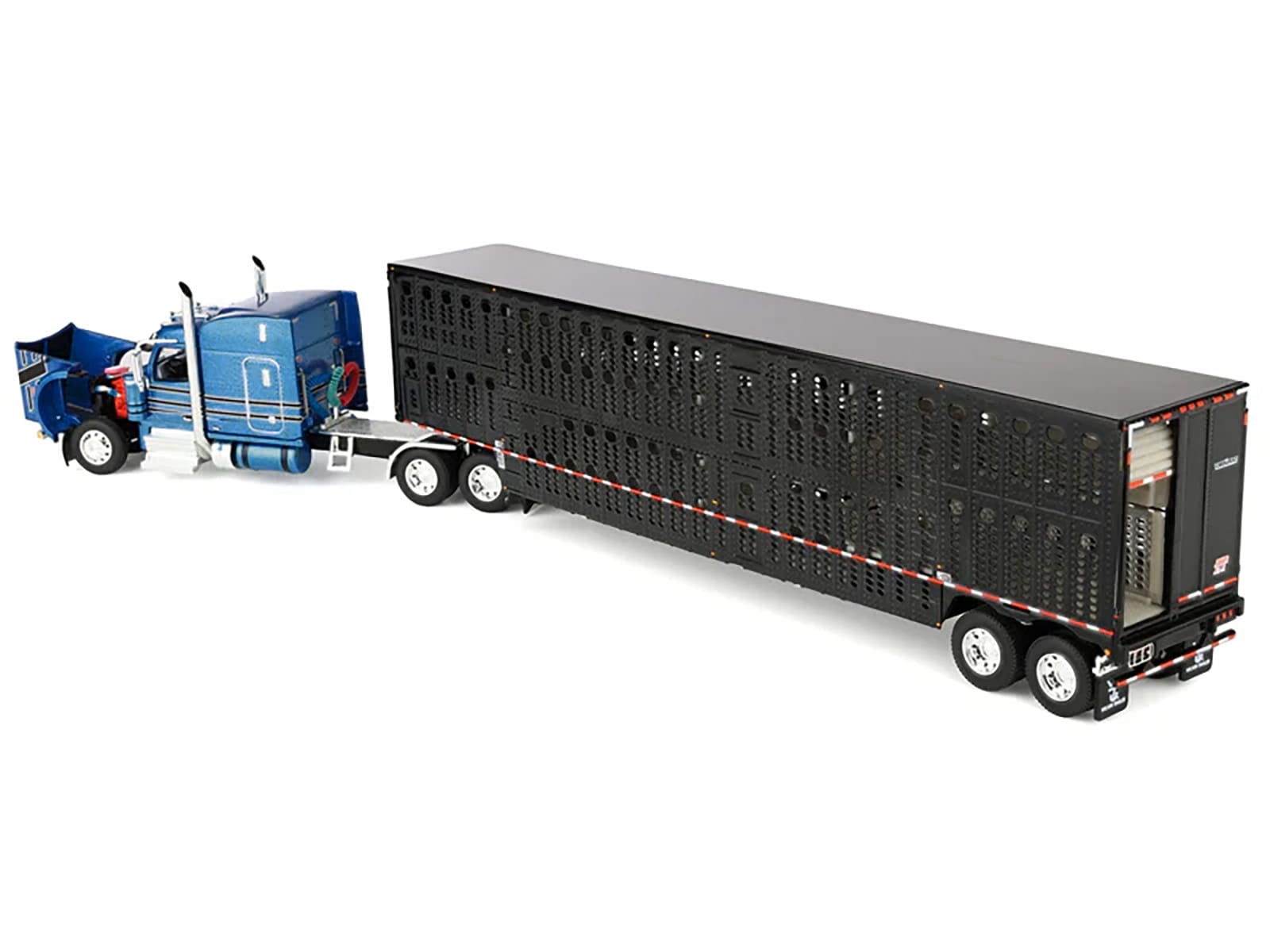 Peterbilt 589 with 72" Mid-Roof Sleeper and Wilson Silverstar Livestock Trailer Bright Blue with Black Stripes and Trailer 1/64 Diecast Model by DCP/First Gear - Image 3
