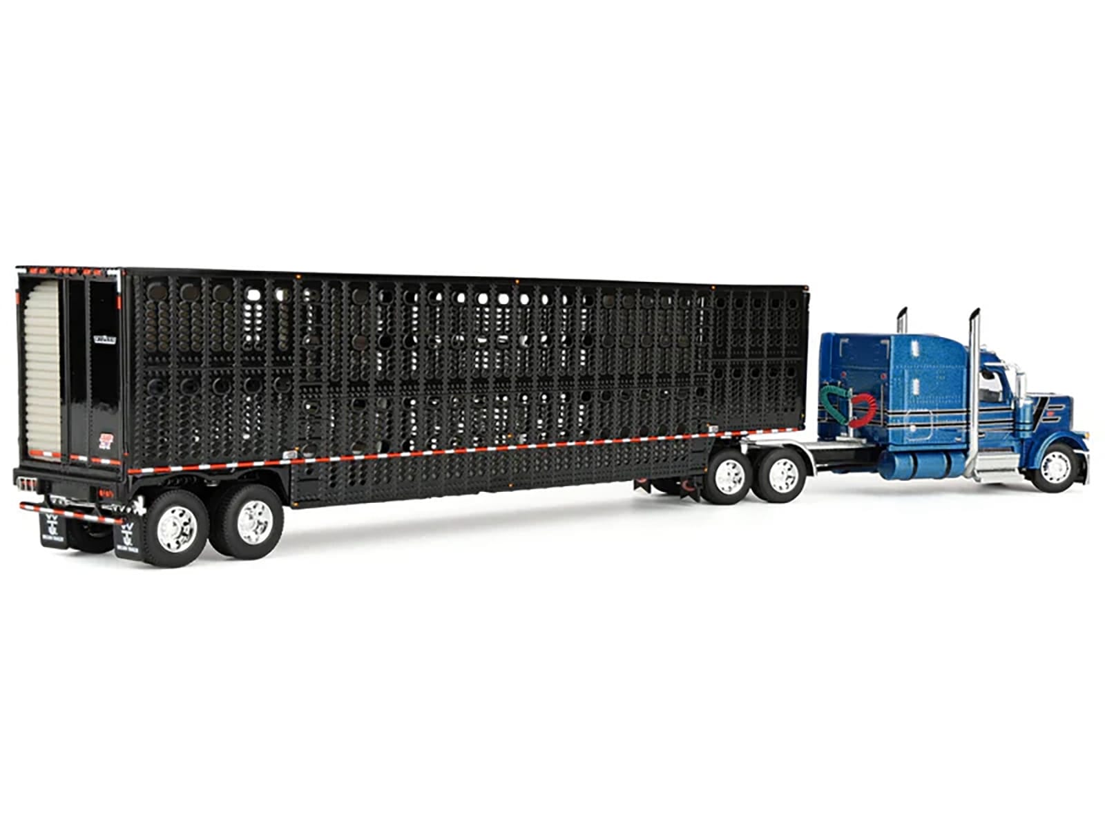 Peterbilt 589 with 72" Mid-Roof Sleeper and Wilson Silverstar Livestock Trailer Bright Blue with Black Stripes and Trailer 1/64 Diecast Model by DCP/First Gear - Image 4