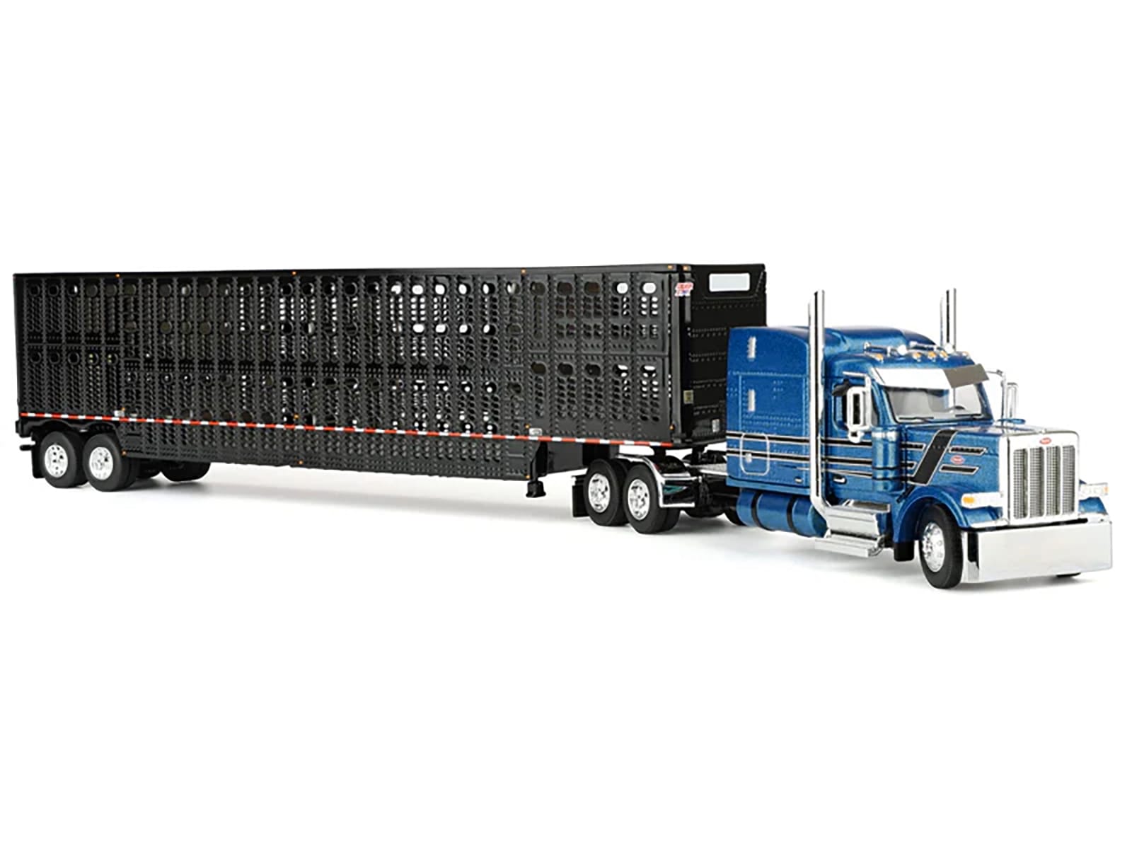 Peterbilt 589 with 72" Mid-Roof Sleeper and Wilson Silverstar Livestock Trailer Bright Blue with Black Stripes and Trailer 1/64 Diecast Model by DCP/First Gear - Image 5