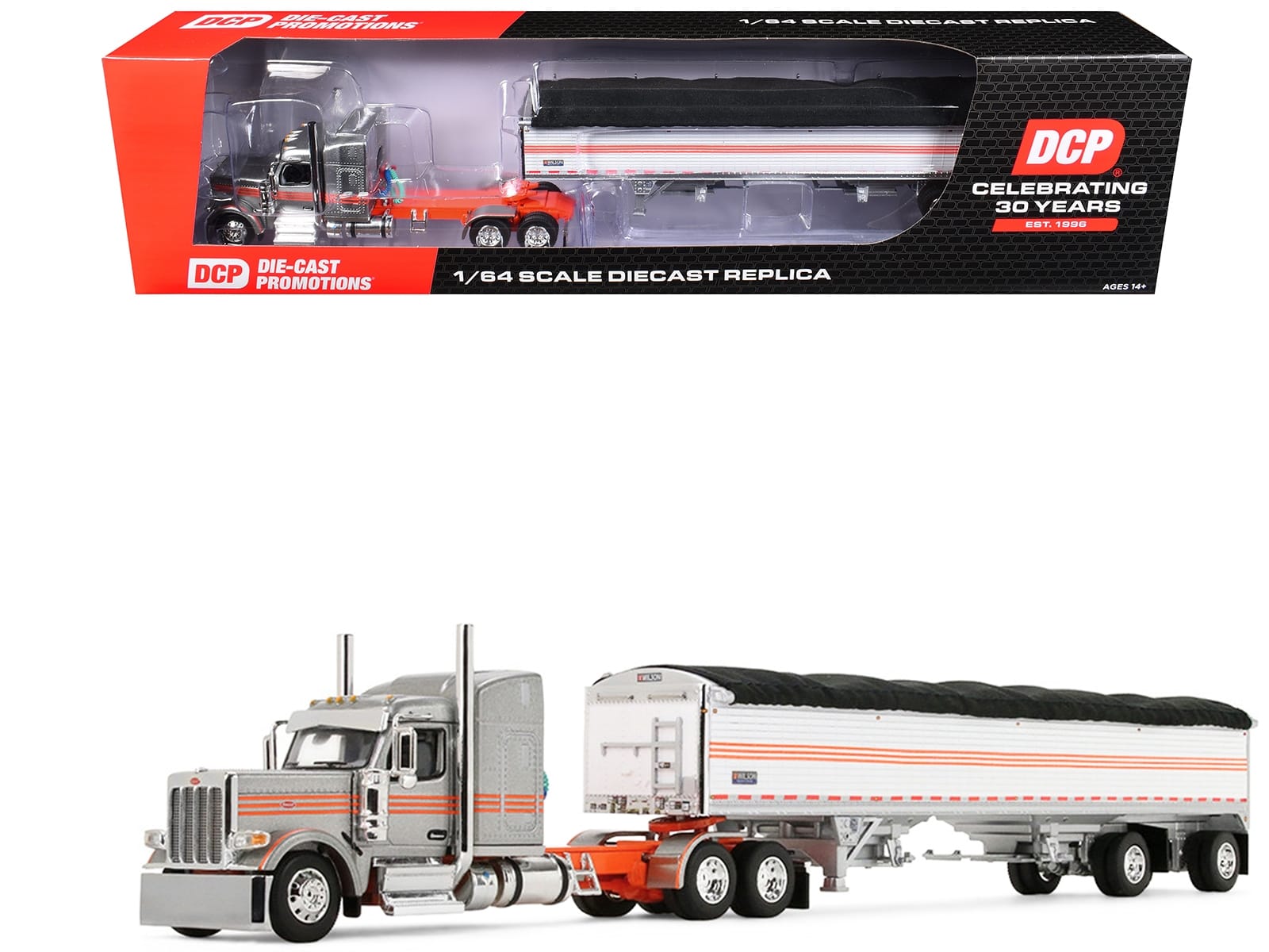 Peterbilt 589 with 58" Mid-Roof Sleeper and 50' Wilson Pacesetter Grain Trailer Silver Metallic with Orange Stripes 1/64 Diecast Model by DCP/First Gear