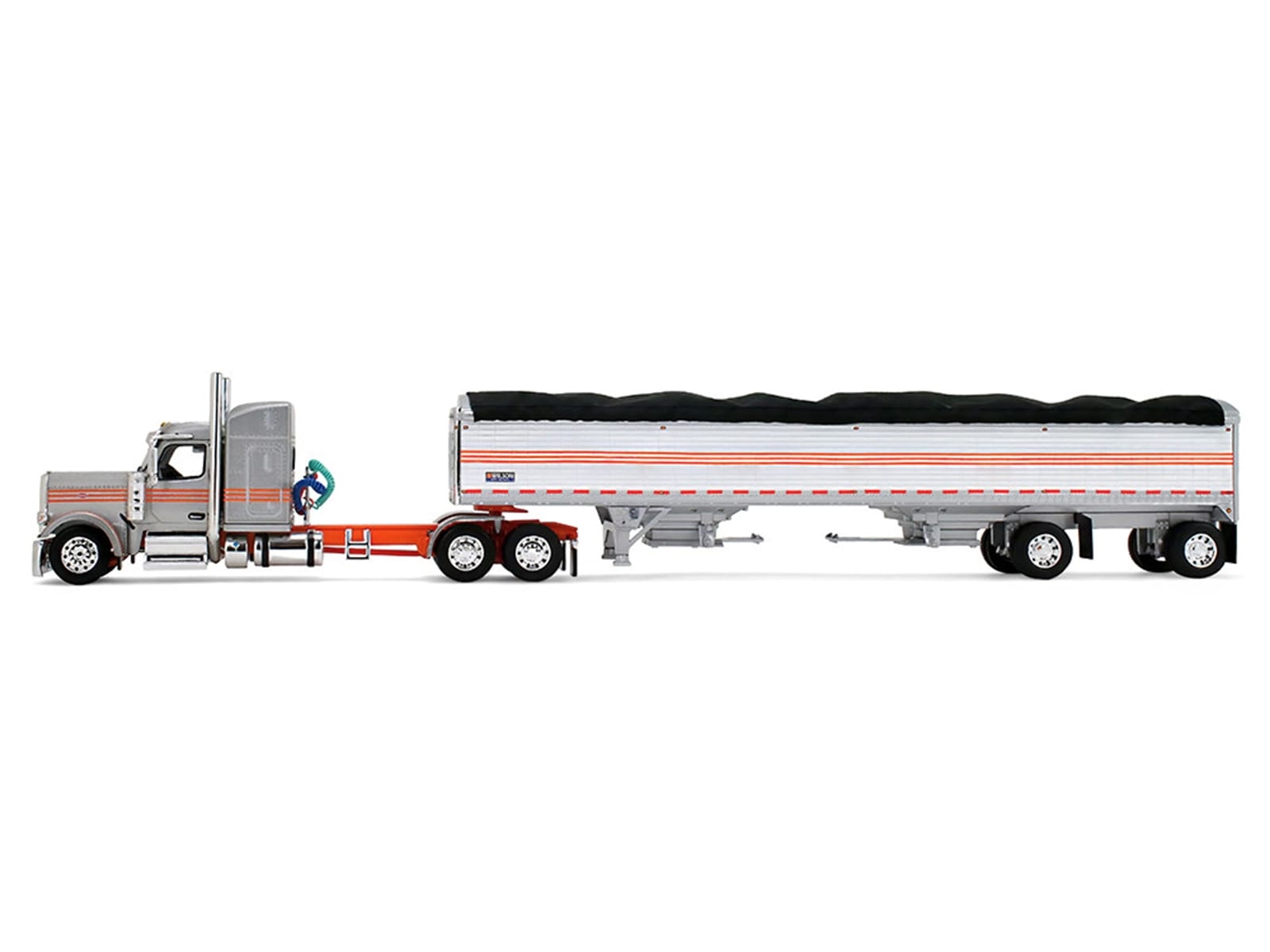 Peterbilt 589 with 58" Mid-Roof Sleeper and 50' Wilson Pacesetter Grain Trailer Silver Metallic with Orange Stripes 1/64 Diecast Model by DCP/First Gear - Image 2