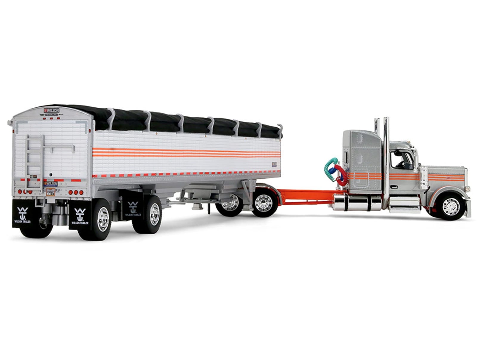 Peterbilt 589 with 58" Mid-Roof Sleeper and 50' Wilson Pacesetter Grain Trailer Silver Metallic with Orange Stripes 1/64 Diecast Model by DCP/First Gear - Image 3