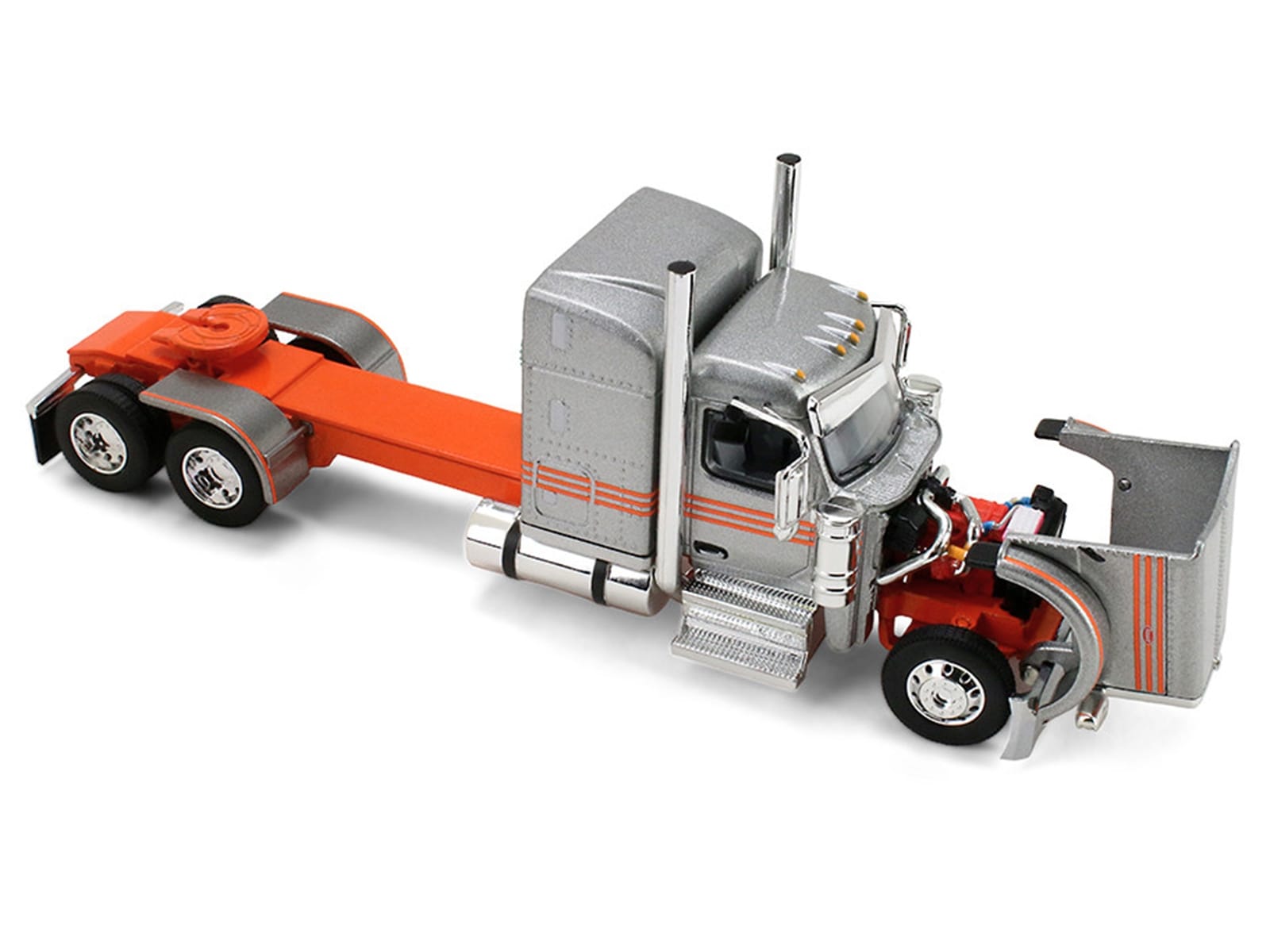 Peterbilt 589 with 58" Mid-Roof Sleeper and 50' Wilson Pacesetter Grain Trailer Silver Metallic with Orange Stripes 1/64 Diecast Model by DCP/First Gear - Image 4