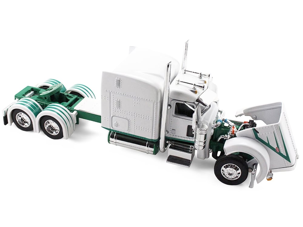 Peterbilt 389 with 63" Mid-Roof Sleeper and 53' Utility Trailer White with Green Stripes 1/64 Diecast Model by DCP/First Gear - Image 2