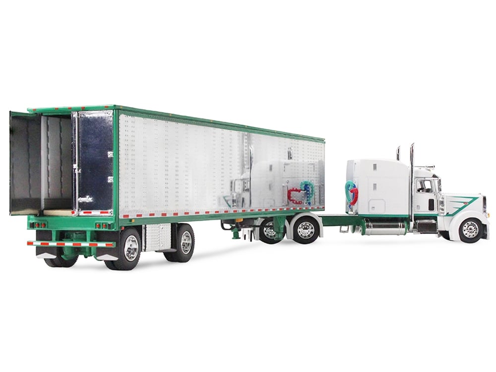 Peterbilt 389 with 63" Mid-Roof Sleeper and 53' Utility Trailer White with Green Stripes 1/64 Diecast Model by DCP/First Gear - Image 4