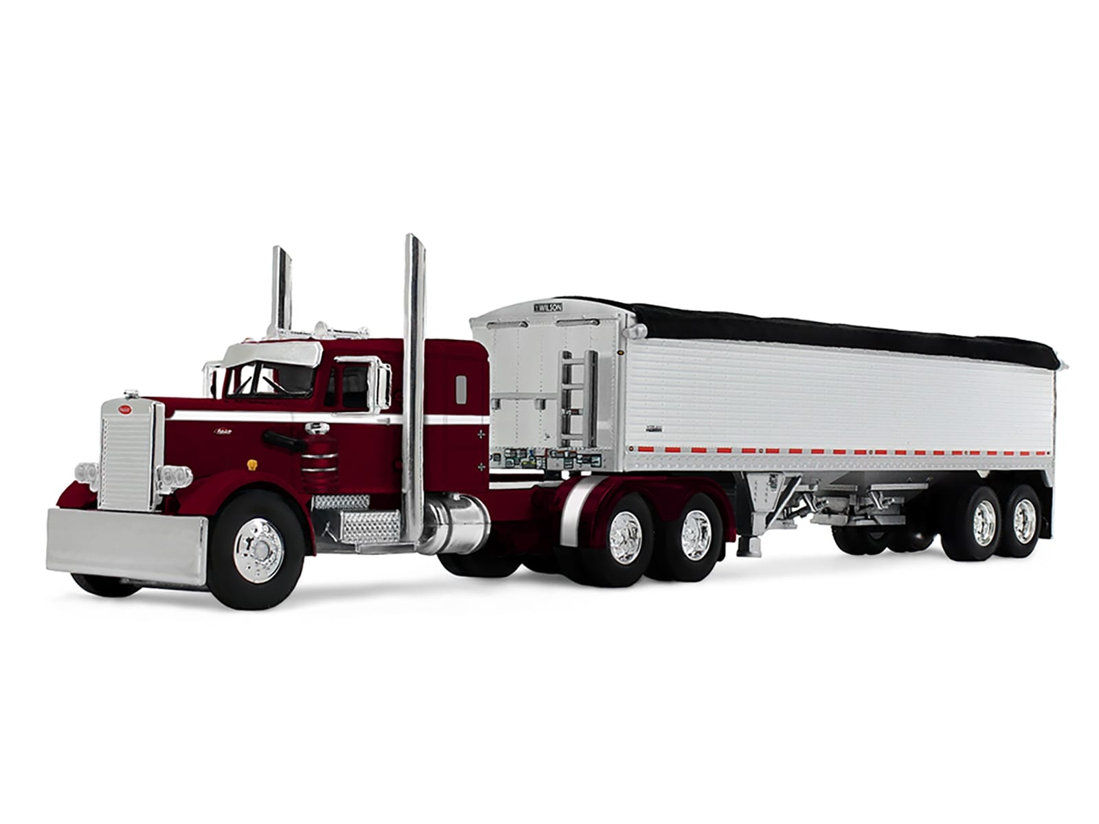 Peterbilt 351 with 36" Sleeper and 34' Wilson Pacesetter Grain Trailer Dark Cherry with White Stripes 1/64 Diecast Model by DCP/First Gear - Image 2