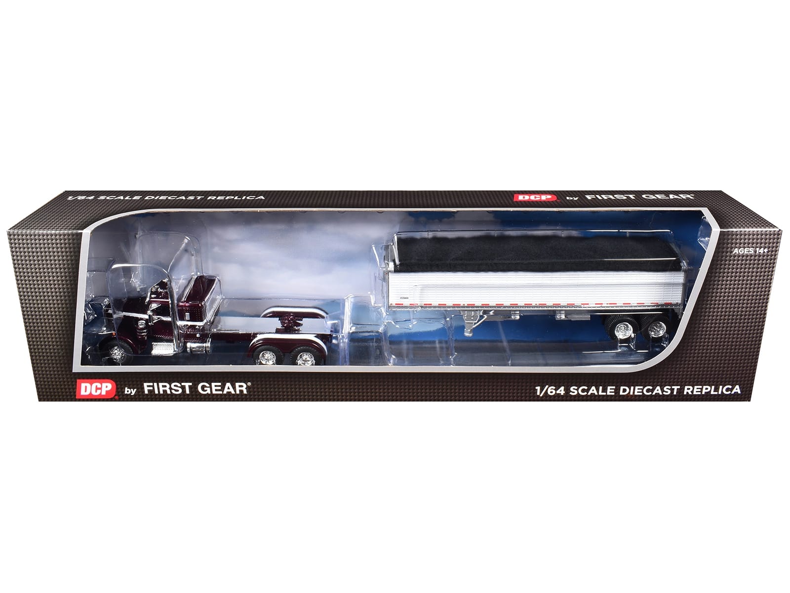 Peterbilt 351 with 36" Sleeper and 34' Wilson Pacesetter Grain Trailer Dark Cherry with White Stripes 1/64 Diecast Model by DCP/First Gear - Image 3