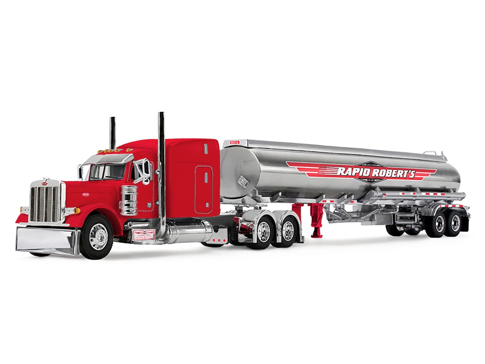 Peterbilt 379 with 63" Mid-Roof Sleeper and Heil Fuel Tank Trailer "Rapid Roberts" Red 1/64 Diecast Model by DCP/First Gear - Image 2