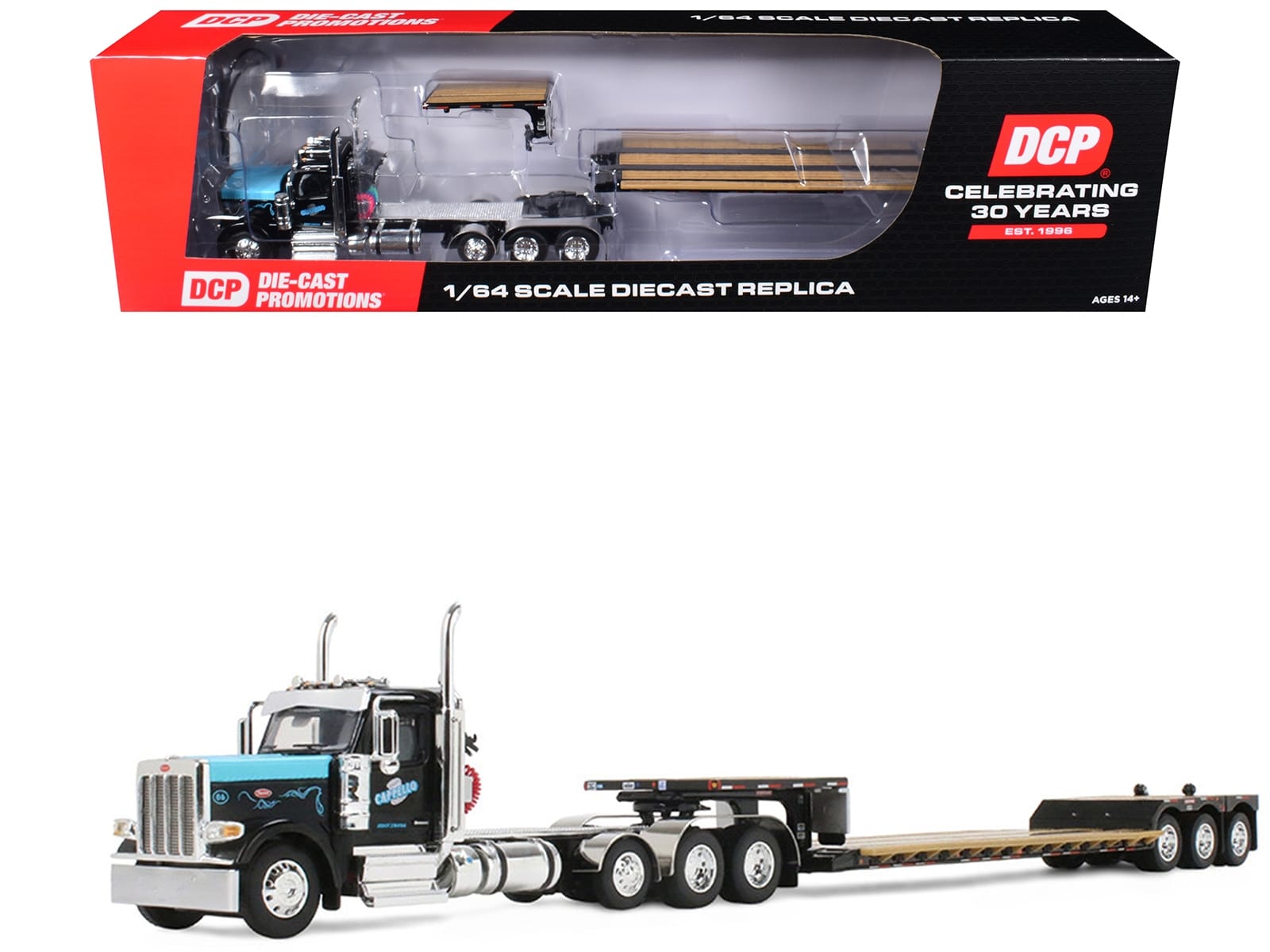 Peterbilt 589 Day Cab and Fontaine Renegade LXT40 Lowboy Trailer with Fliptail "Cappello Heavy Transport" Black with Light Blue Hood 1/64 Diecast Model by DCP/First Gear