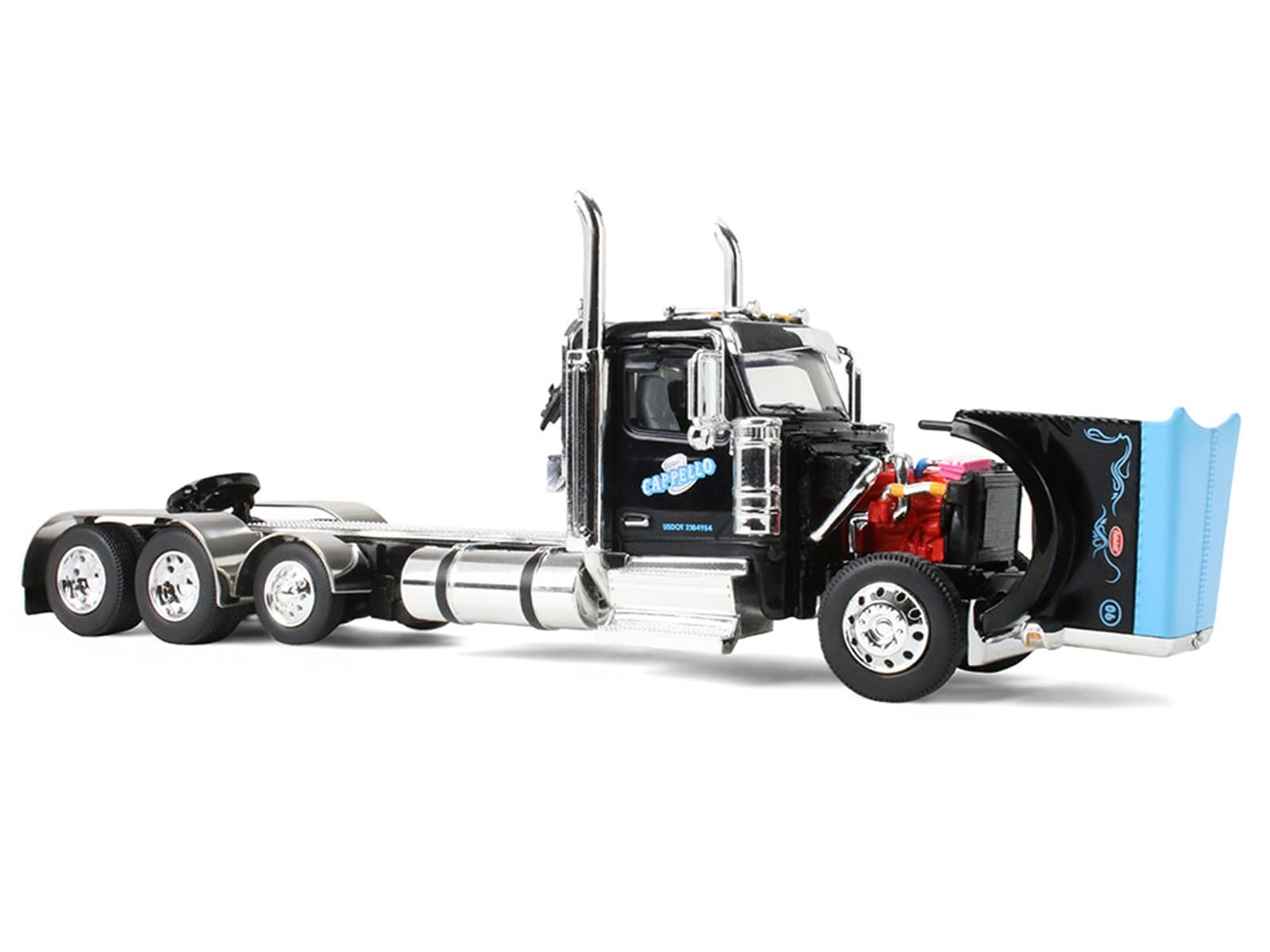 Peterbilt 589 Day Cab and Fontaine Renegade LXT40 Lowboy Trailer with Fliptail "Cappello Heavy Transport" Black with Light Blue Hood 1/64 Diecast Model by DCP/First Gear - Image 2