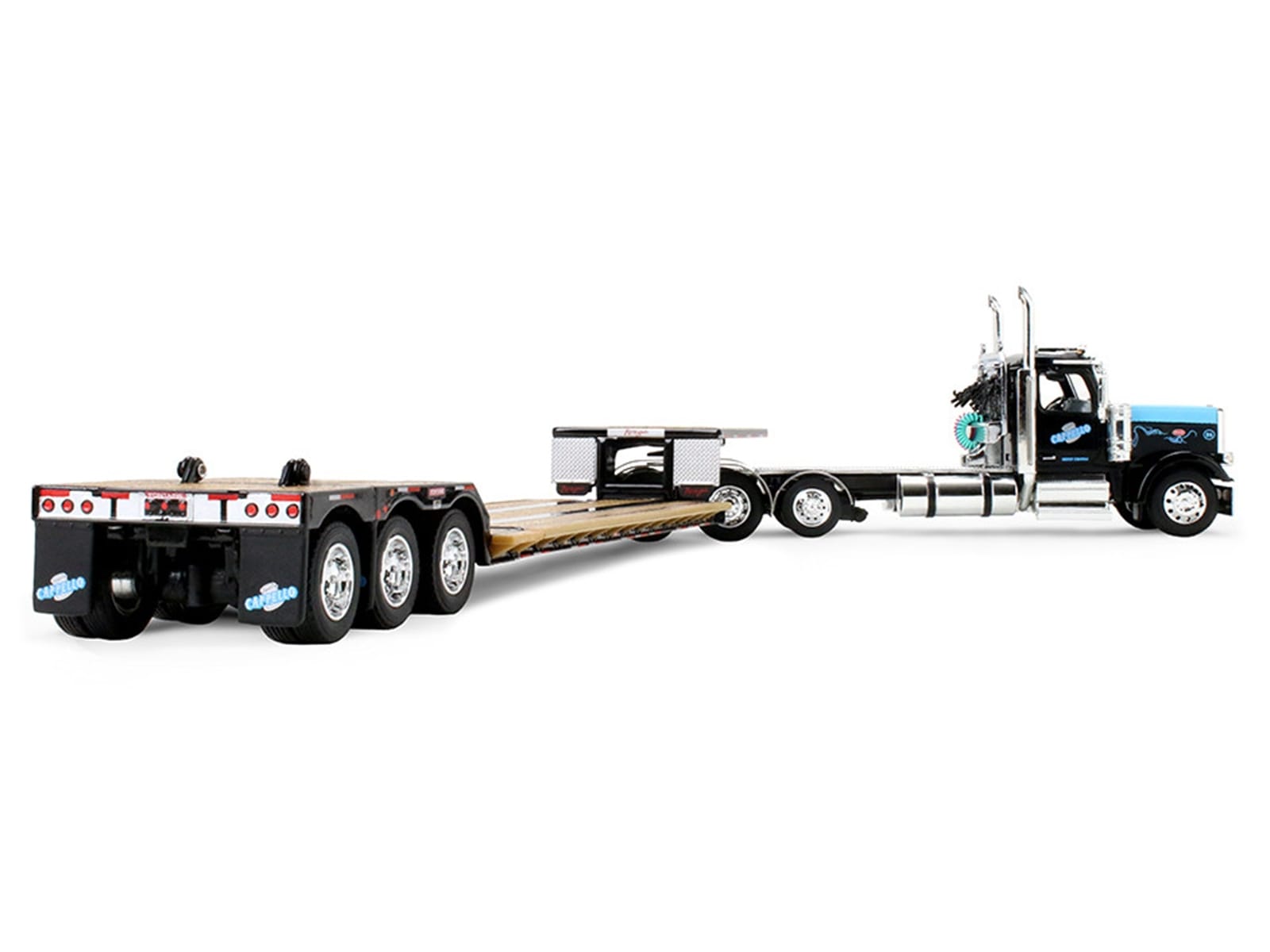 Peterbilt 589 Day Cab and Fontaine Renegade LXT40 Lowboy Trailer with Fliptail "Cappello Heavy Transport" Black with Light Blue Hood 1/64 Diecast Model by DCP/First Gear - Image 3